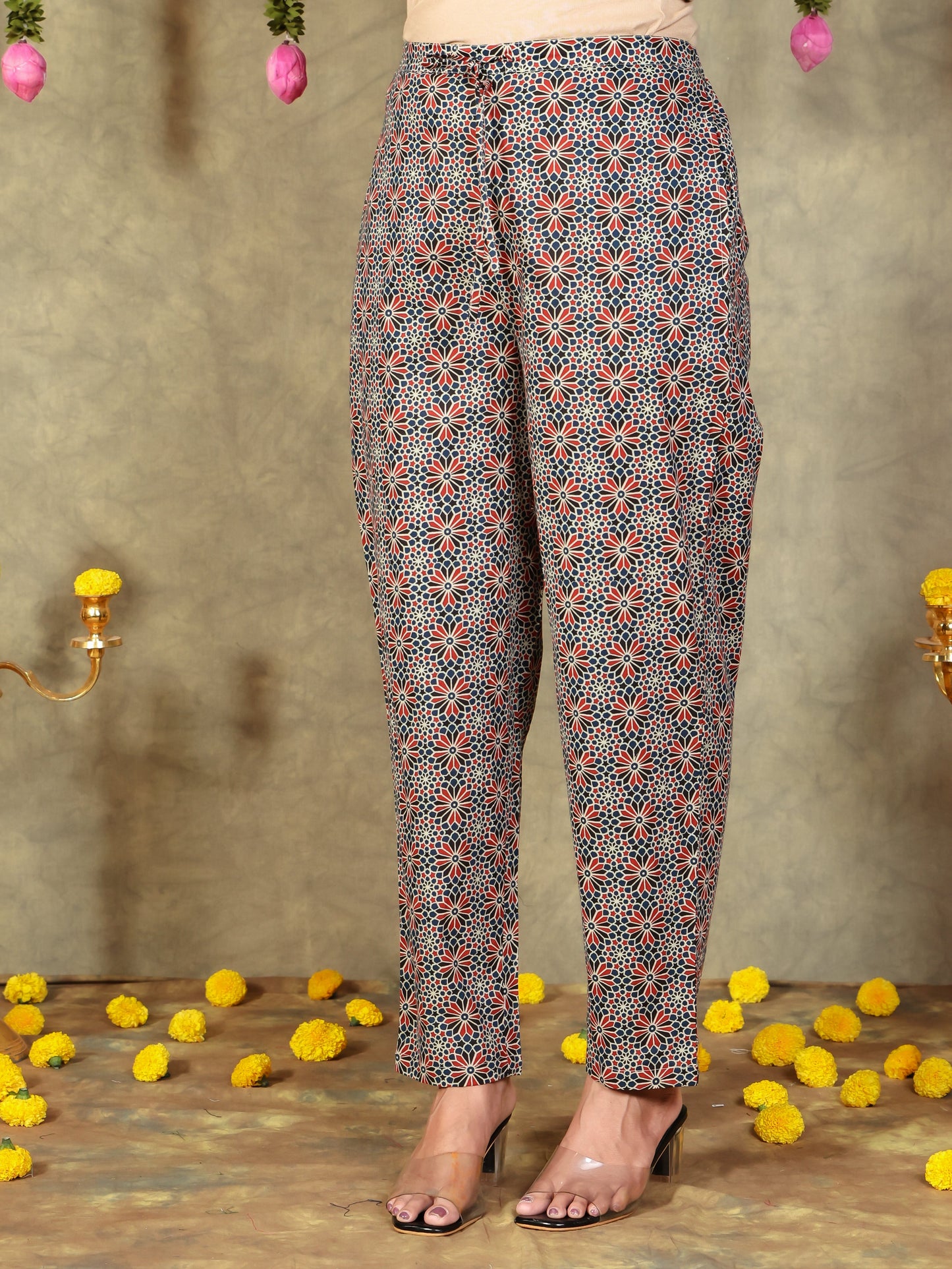 Soft Cotton Geometric Navy Blue Tapered Trousers