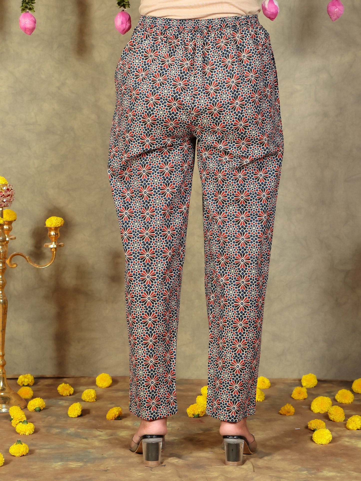 Soft Cotton Geometric Navy Blue Tapered Trousers