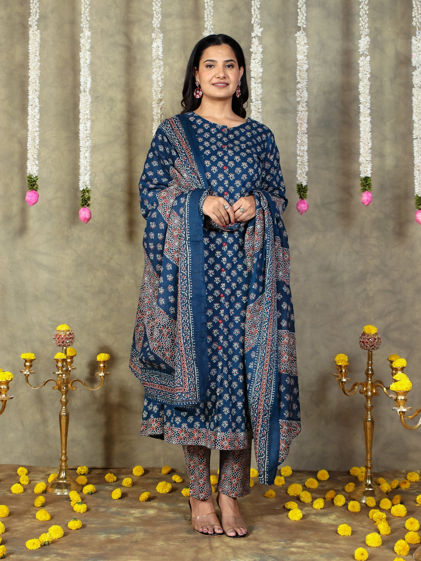 Cotton Voile Block Print Navy Blue Dupatta