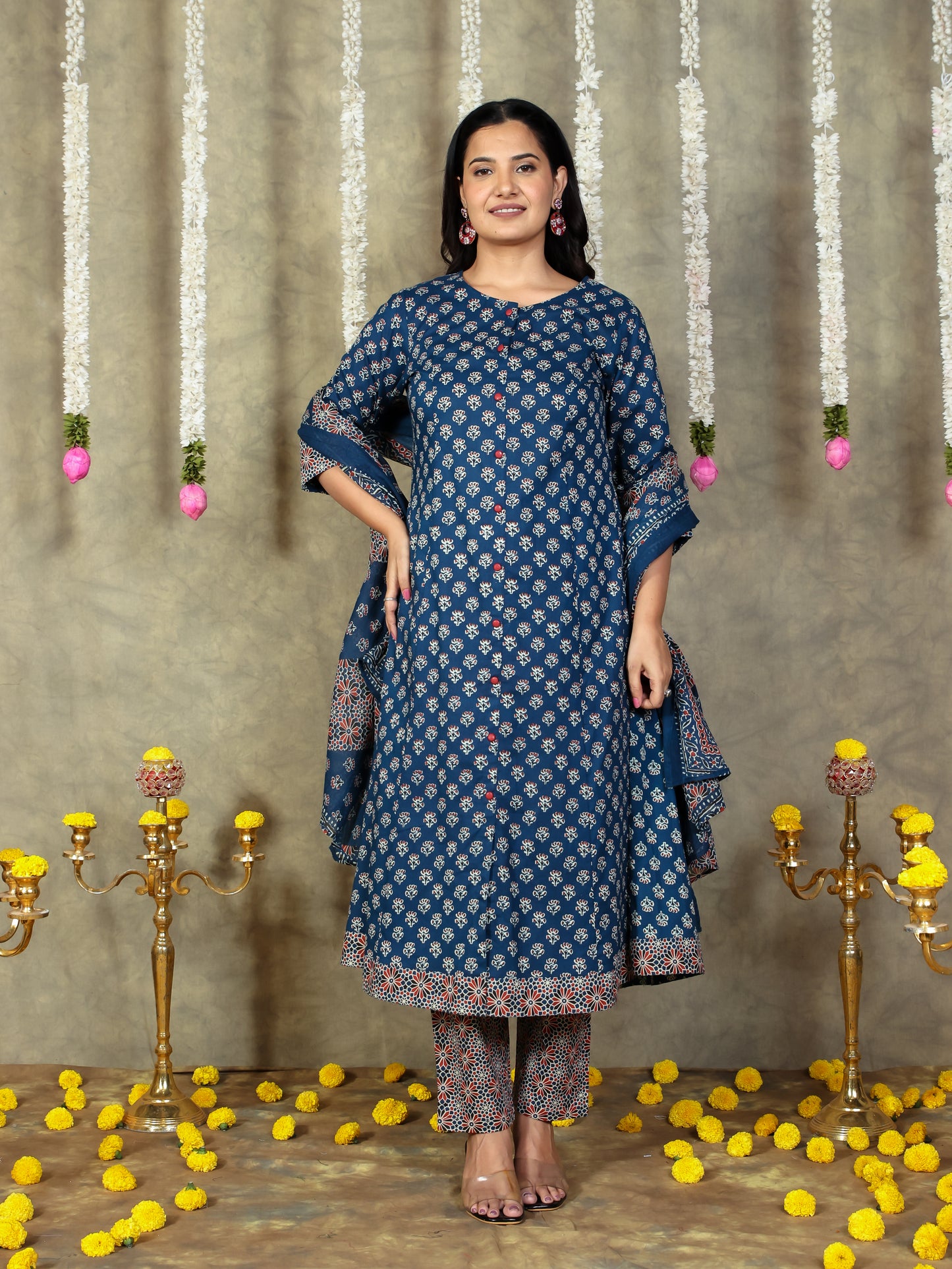 Cotton Voile Block Print Navy Blue Dupatta
