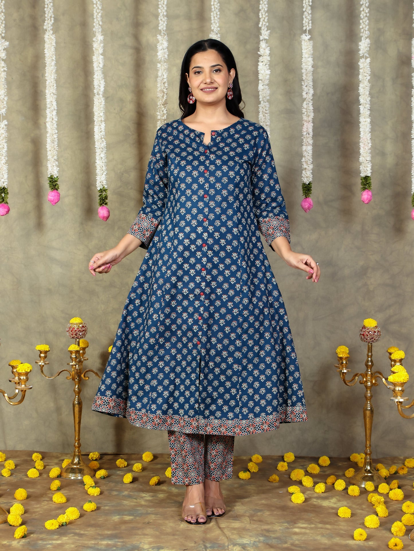 Soft Cotton Block Print Flared Navy Blue Kurta