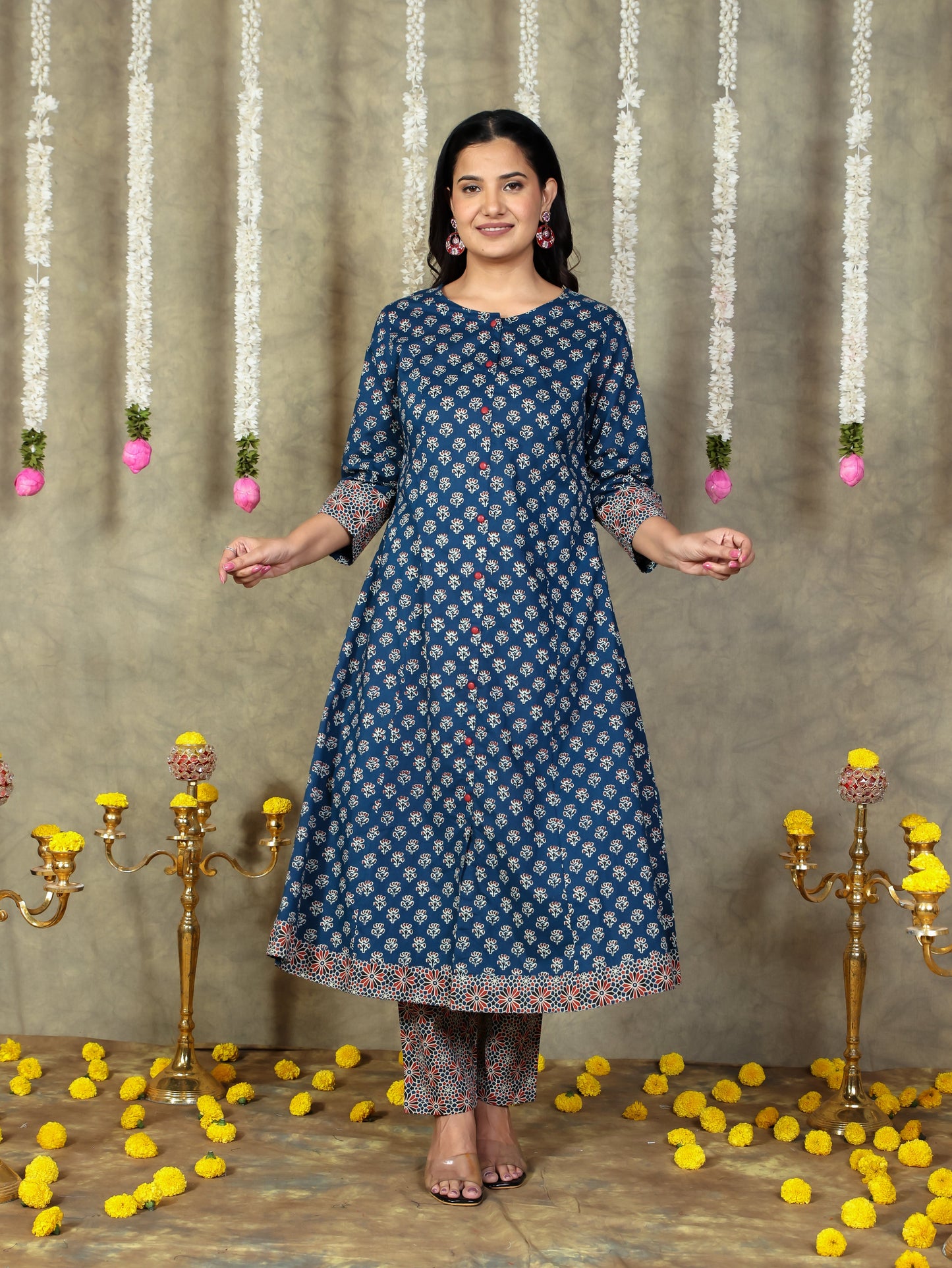 Soft Cotton Block Print Flared Navy Blue Kurta