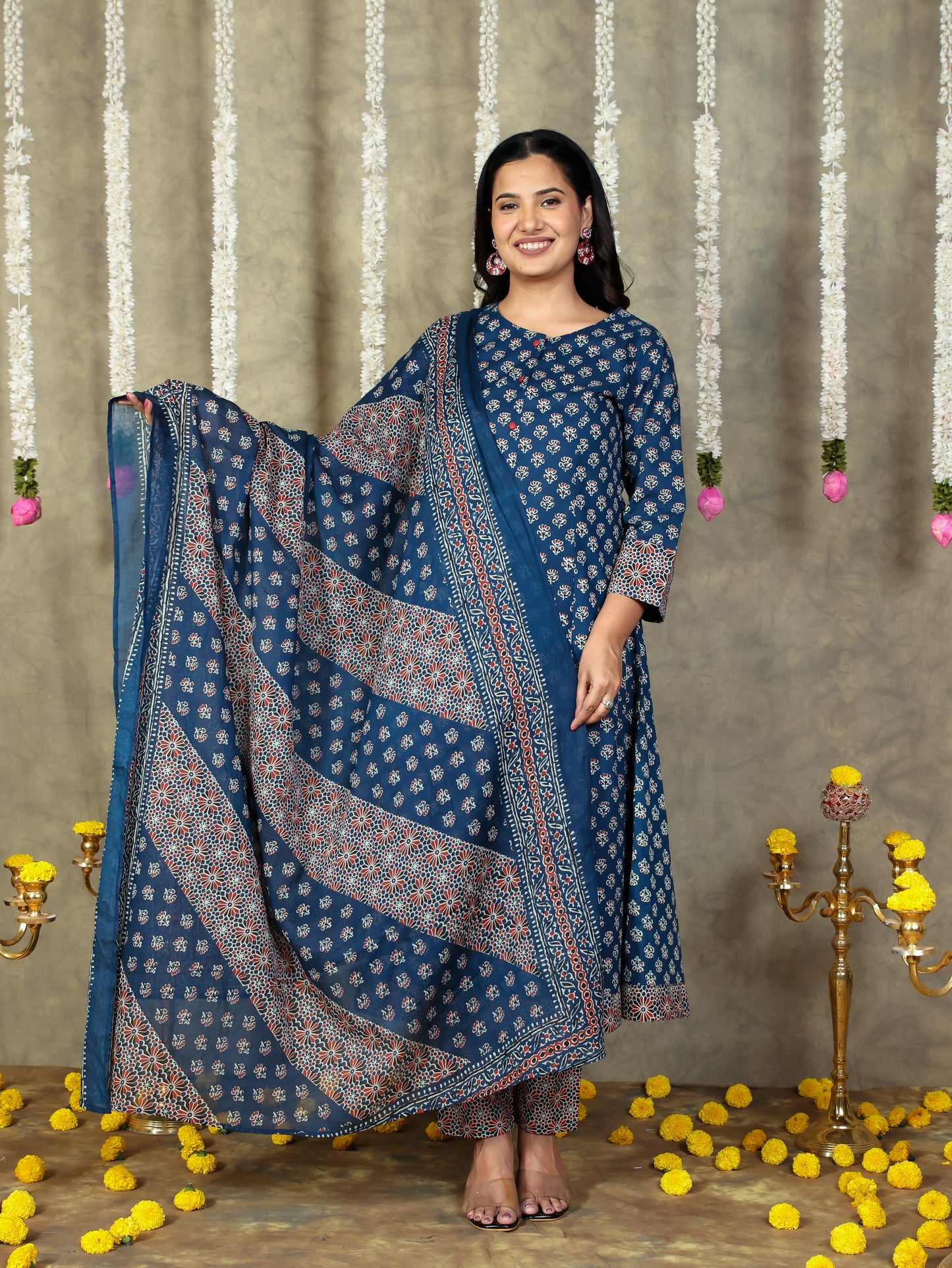 Soft Cotton Block Print Flared Navy Blue Kurta
