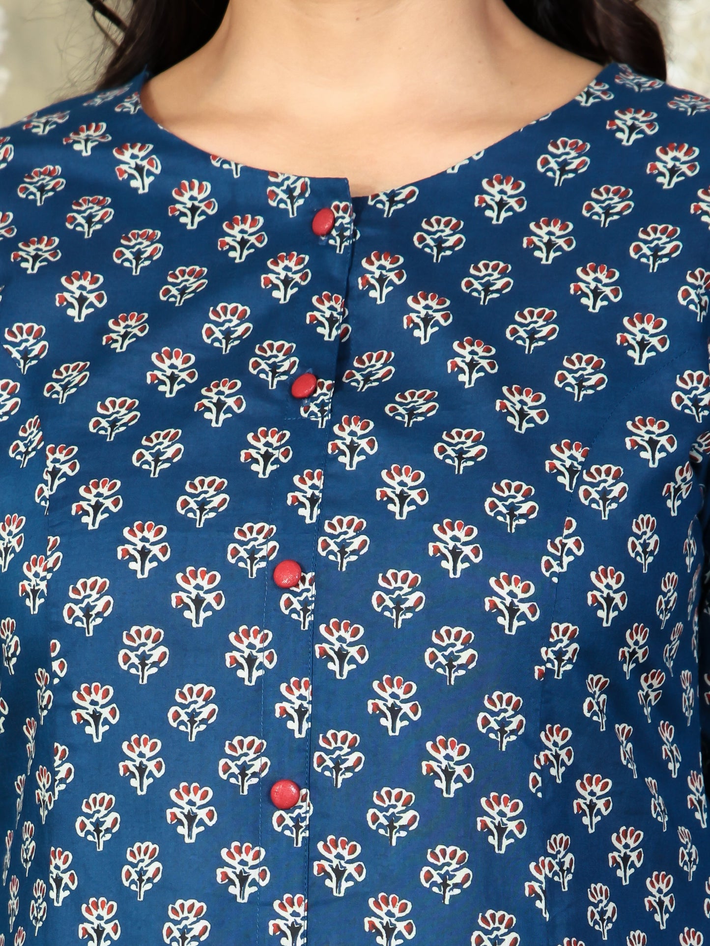 Soft Cotton Block Print Flared Navy Blue Kurta