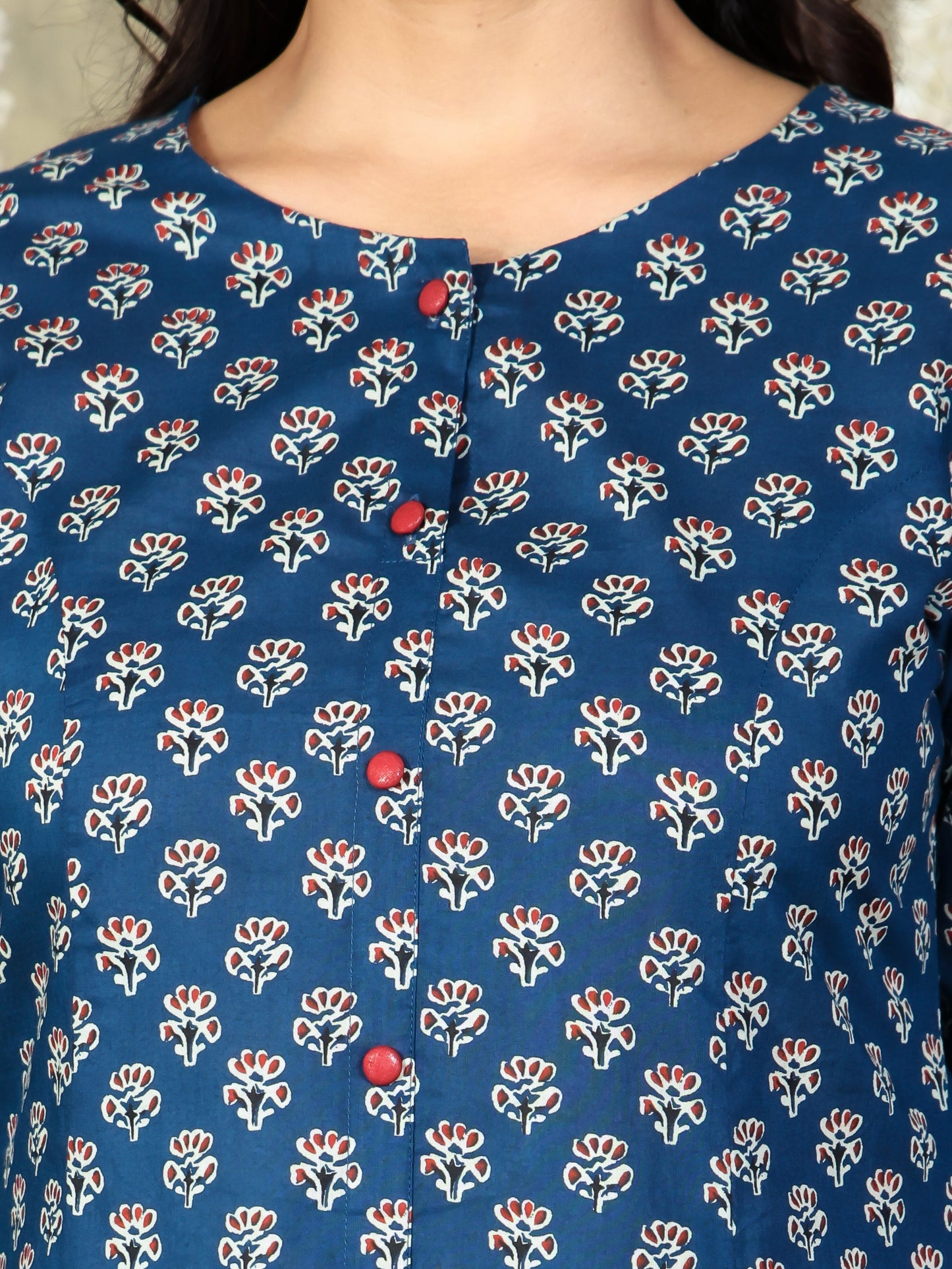Soft Cotton Block Print A-line Navy Blue Kurta