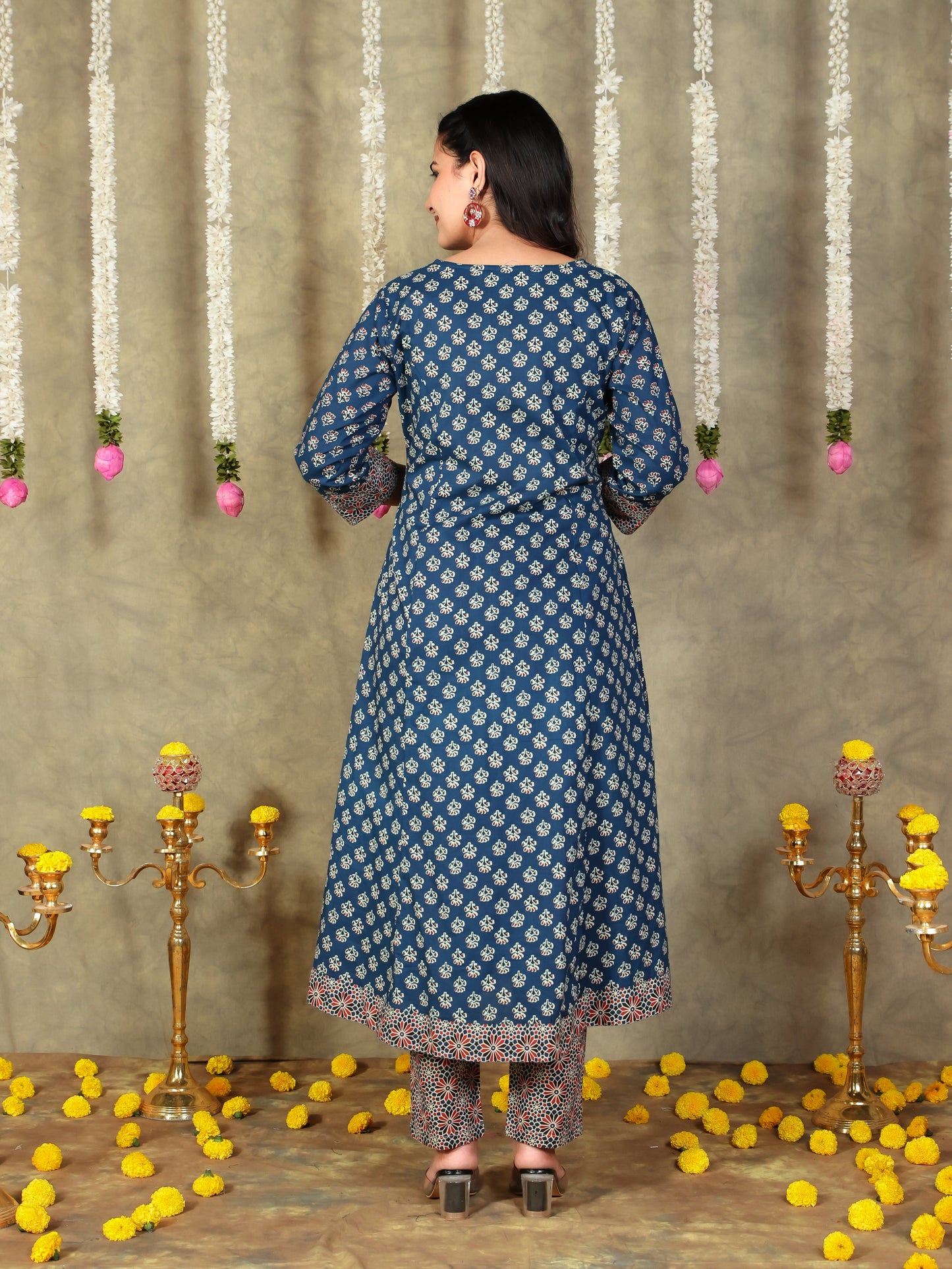 Soft Cotton Block Print Flared Navy Blue Kurta