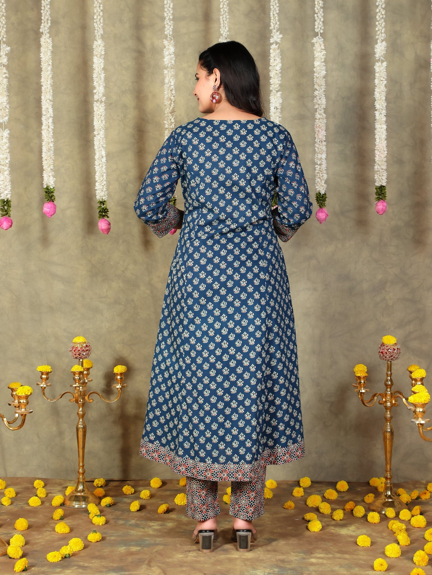 Soft Cotton Block Print A-line Navy Blue Kurta