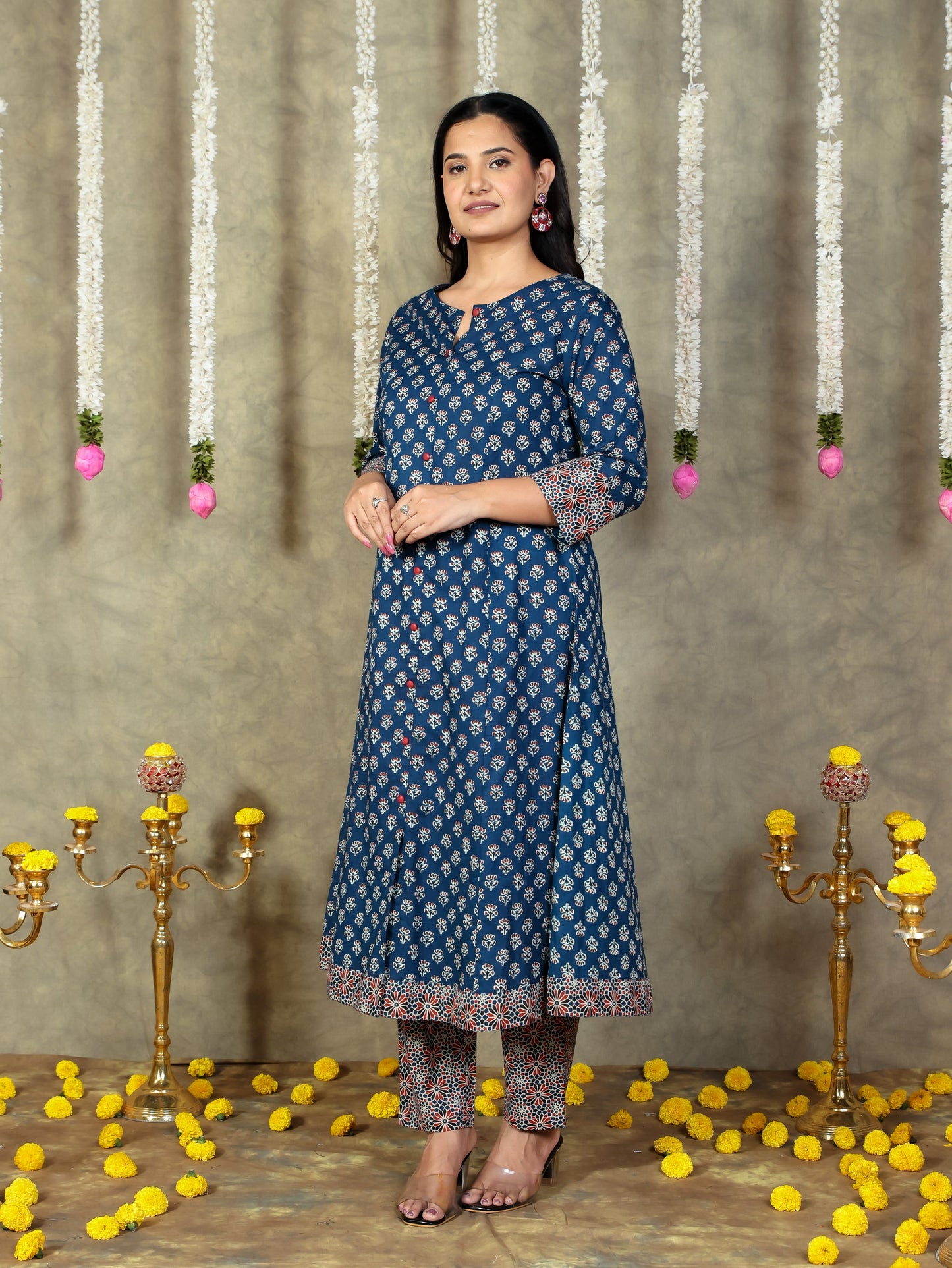 Soft Cotton Block Print Flared Navy Blue Kurta