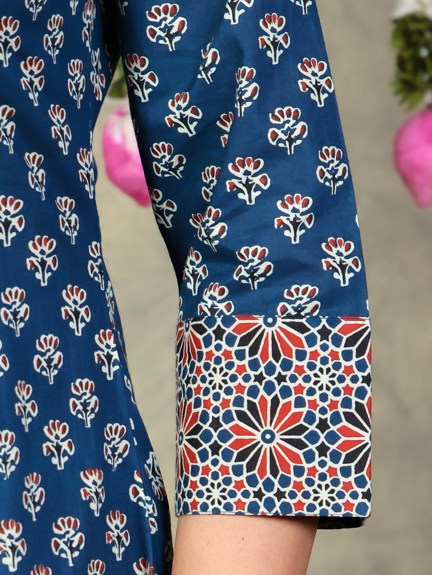 Soft Cotton Block Print Flared Navy Blue Kurta