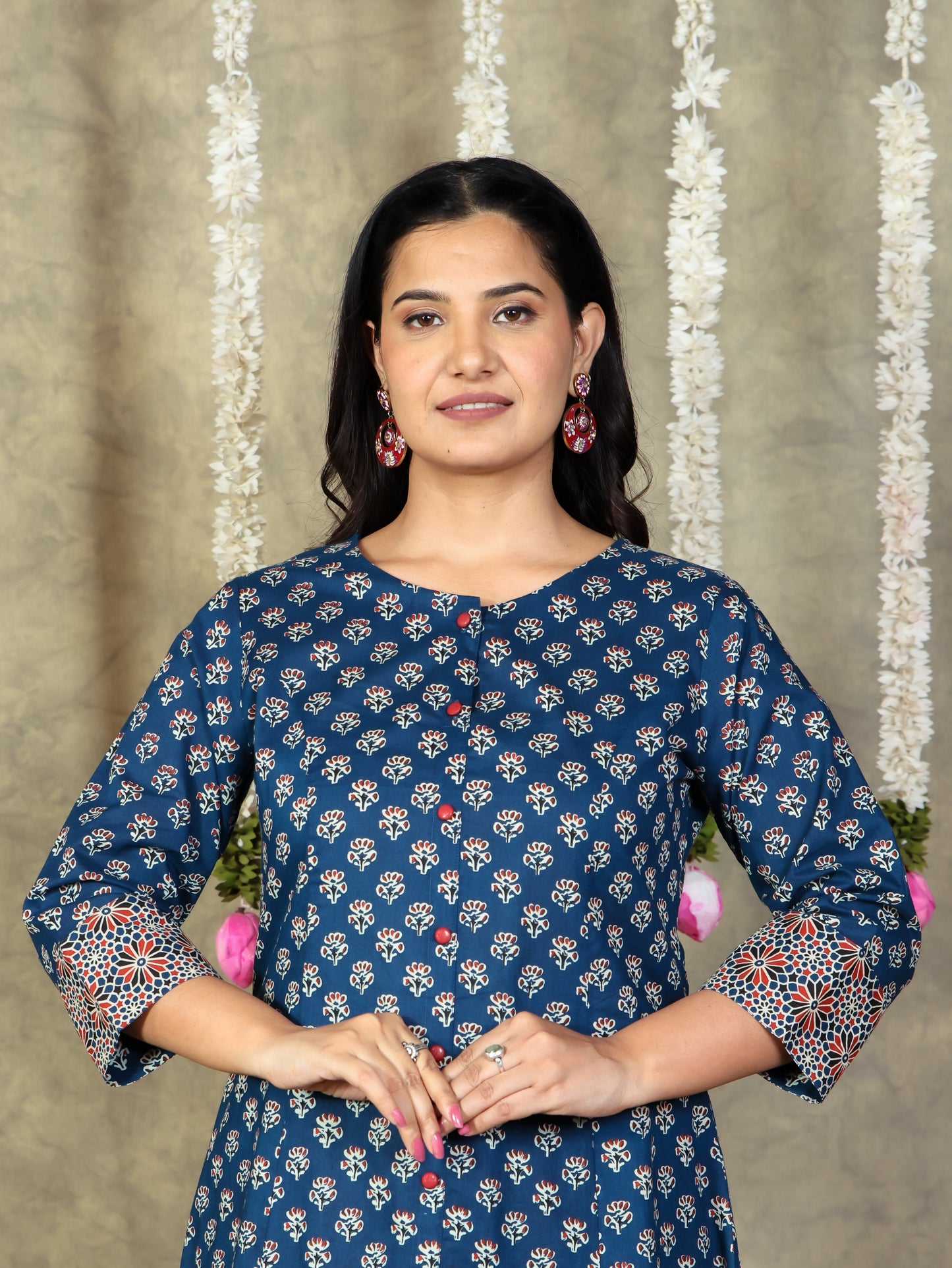 Soft Cotton Block Print Flared Navy Blue Kurta