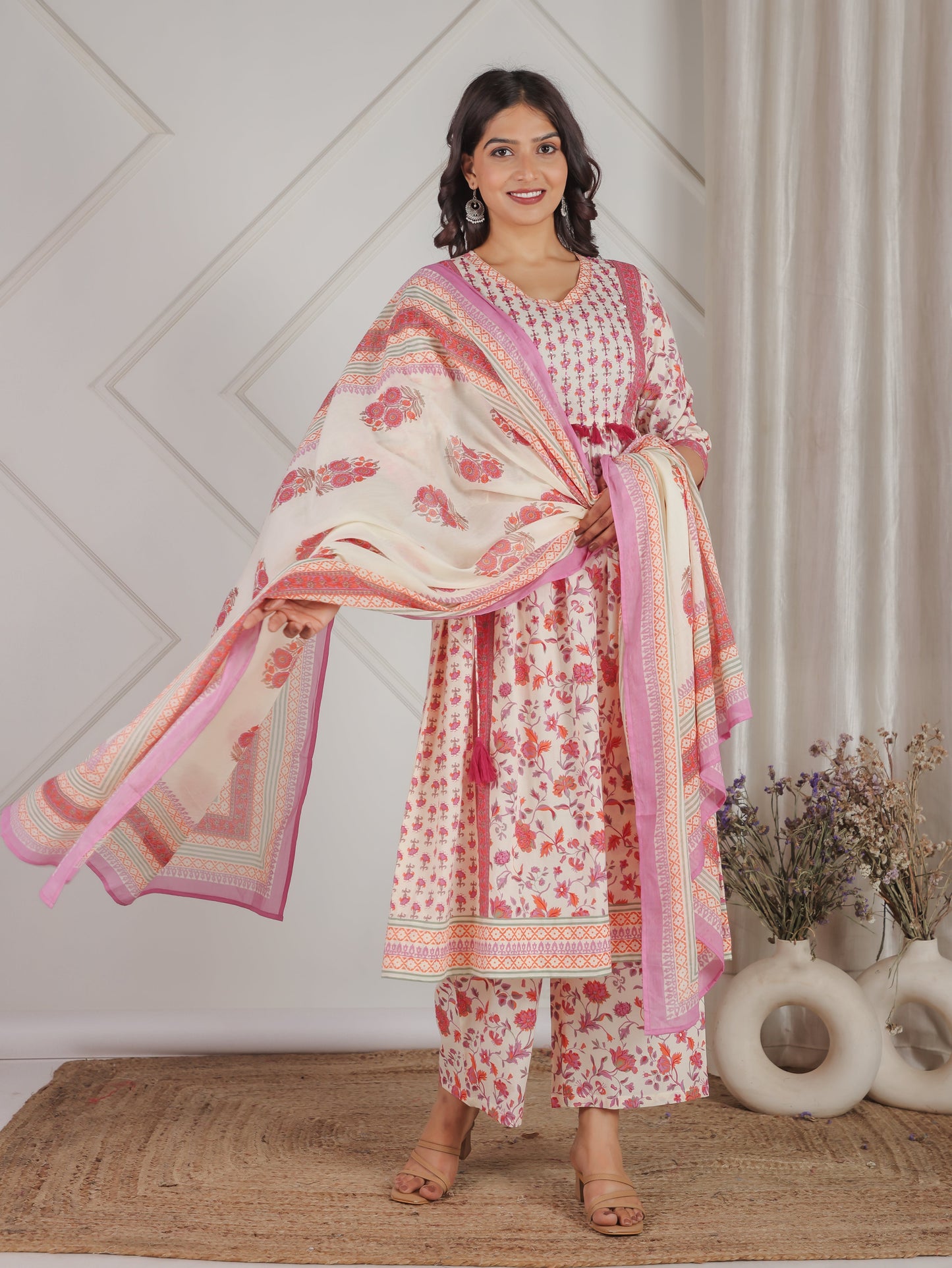 Cotton Voile Floral Off White Dupatta