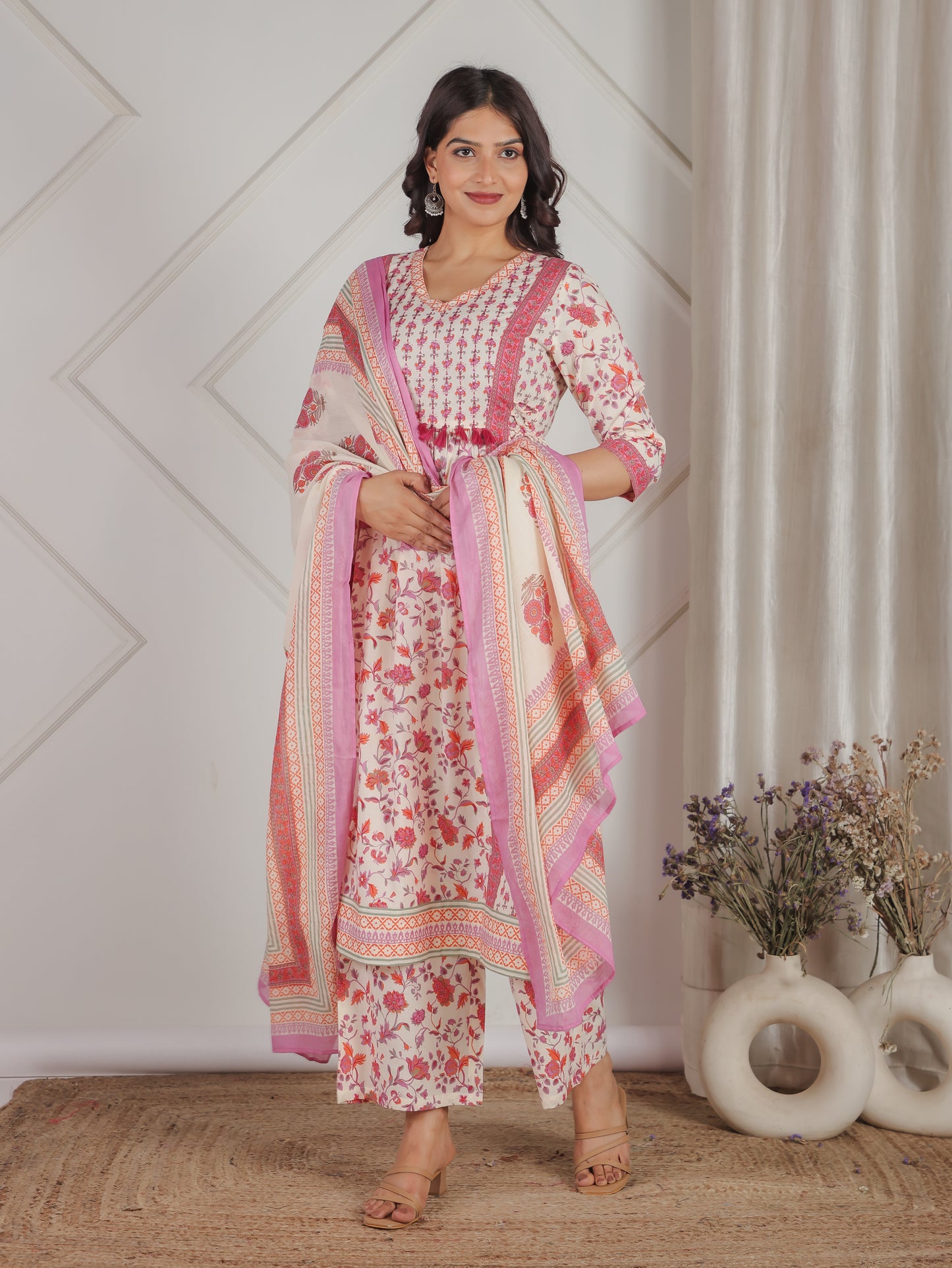 Embroidered Soft Cotton Floral Kalidar Off White Kurta