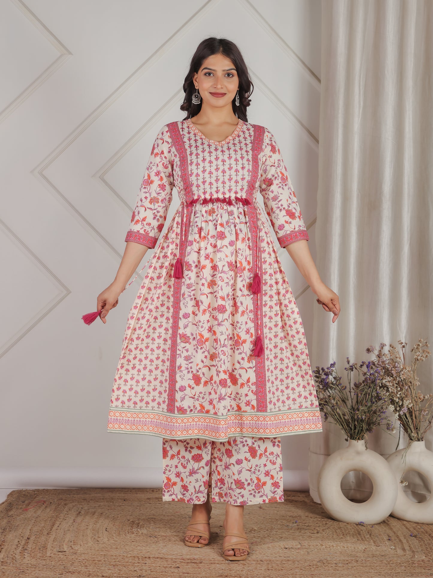 Embroidered Soft Cotton Floral Kalidar Off White Kurta