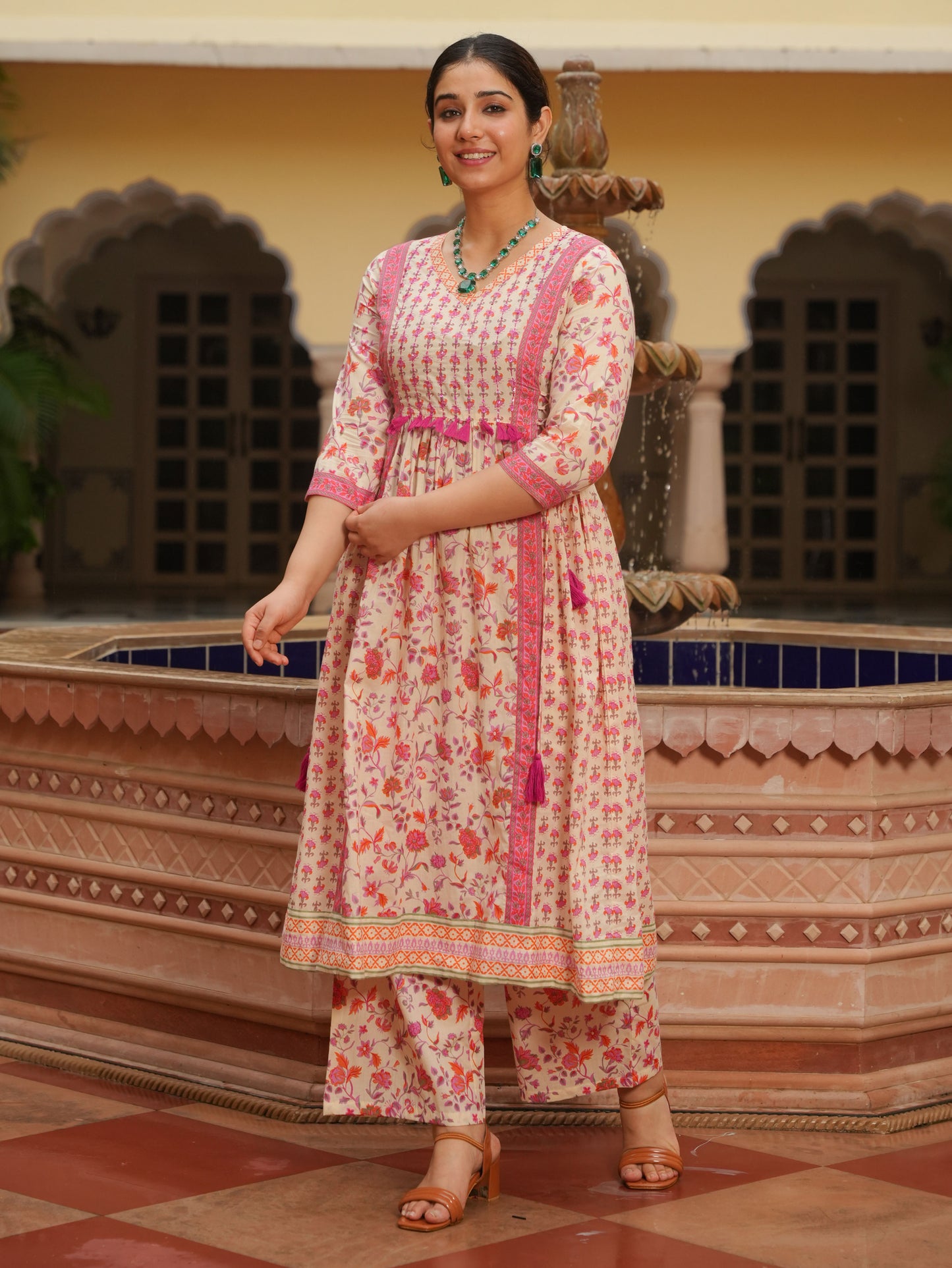 Embroidered Soft Cotton Floral Kalidar Off White Kurta