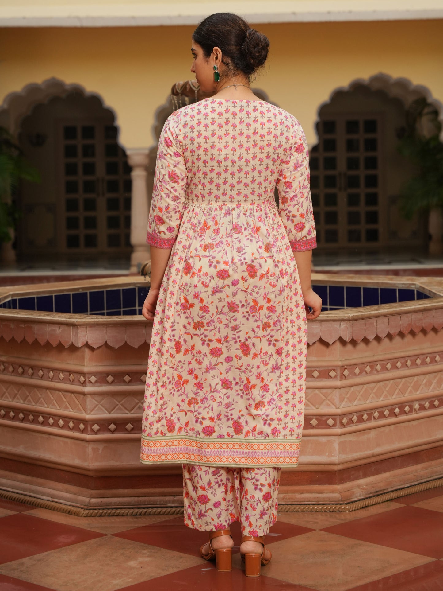 Embroidered Soft Cotton Floral Kalidar Off White Kurta