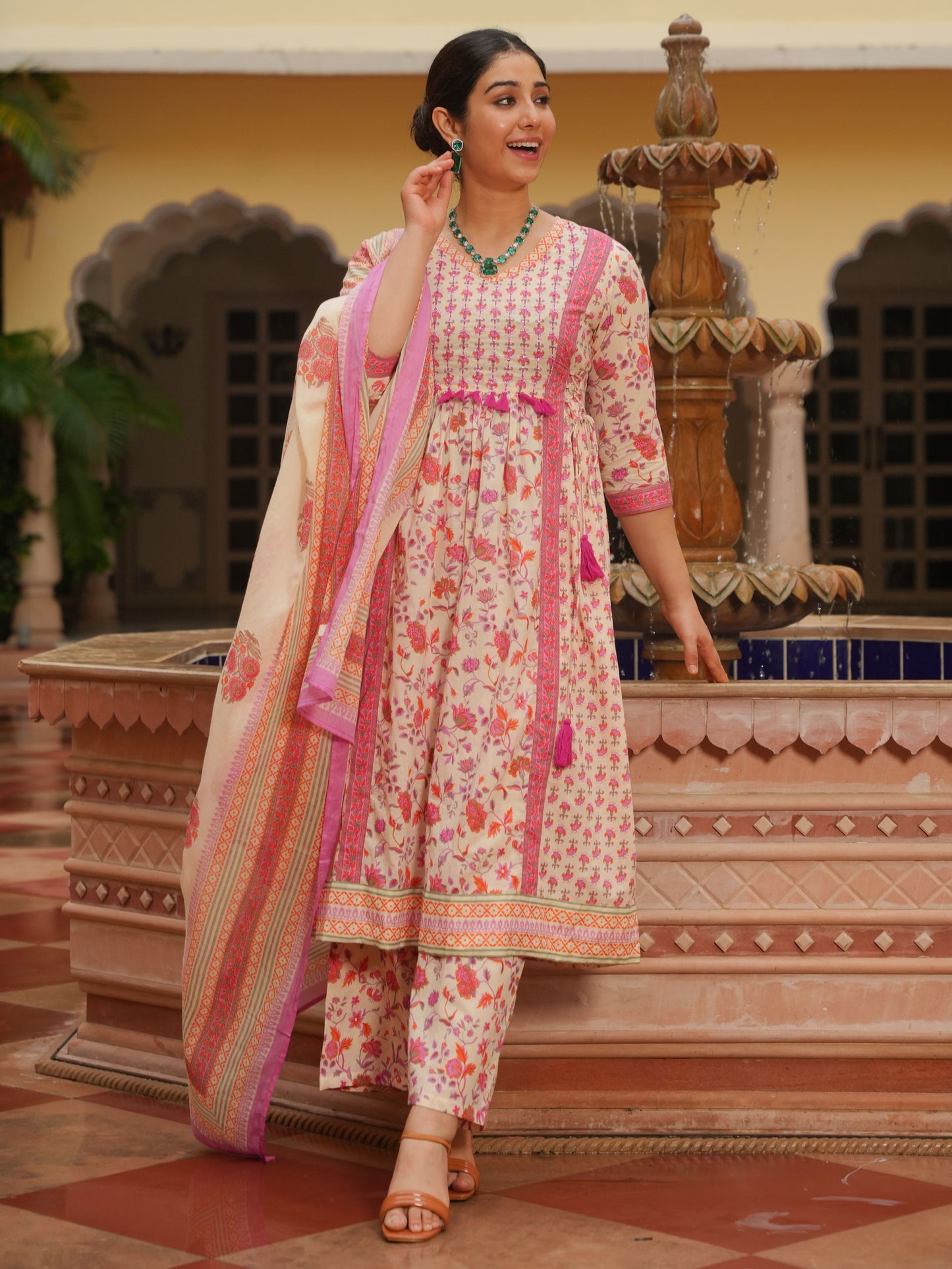Embroidered Soft Cotton Floral Kalidar Off White Kurta