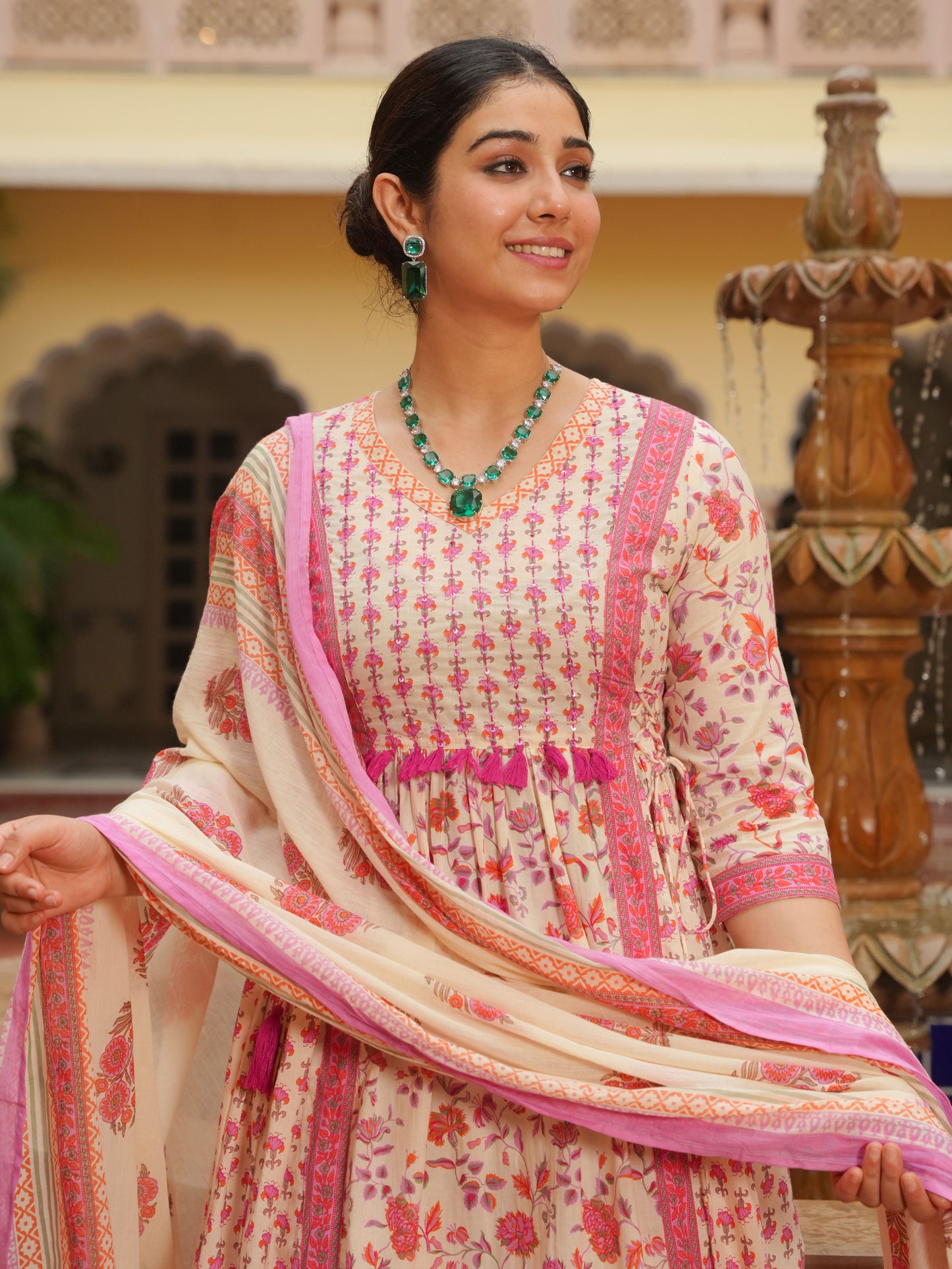 Embroidered Soft Cotton Floral Kalidar Off White Kurta