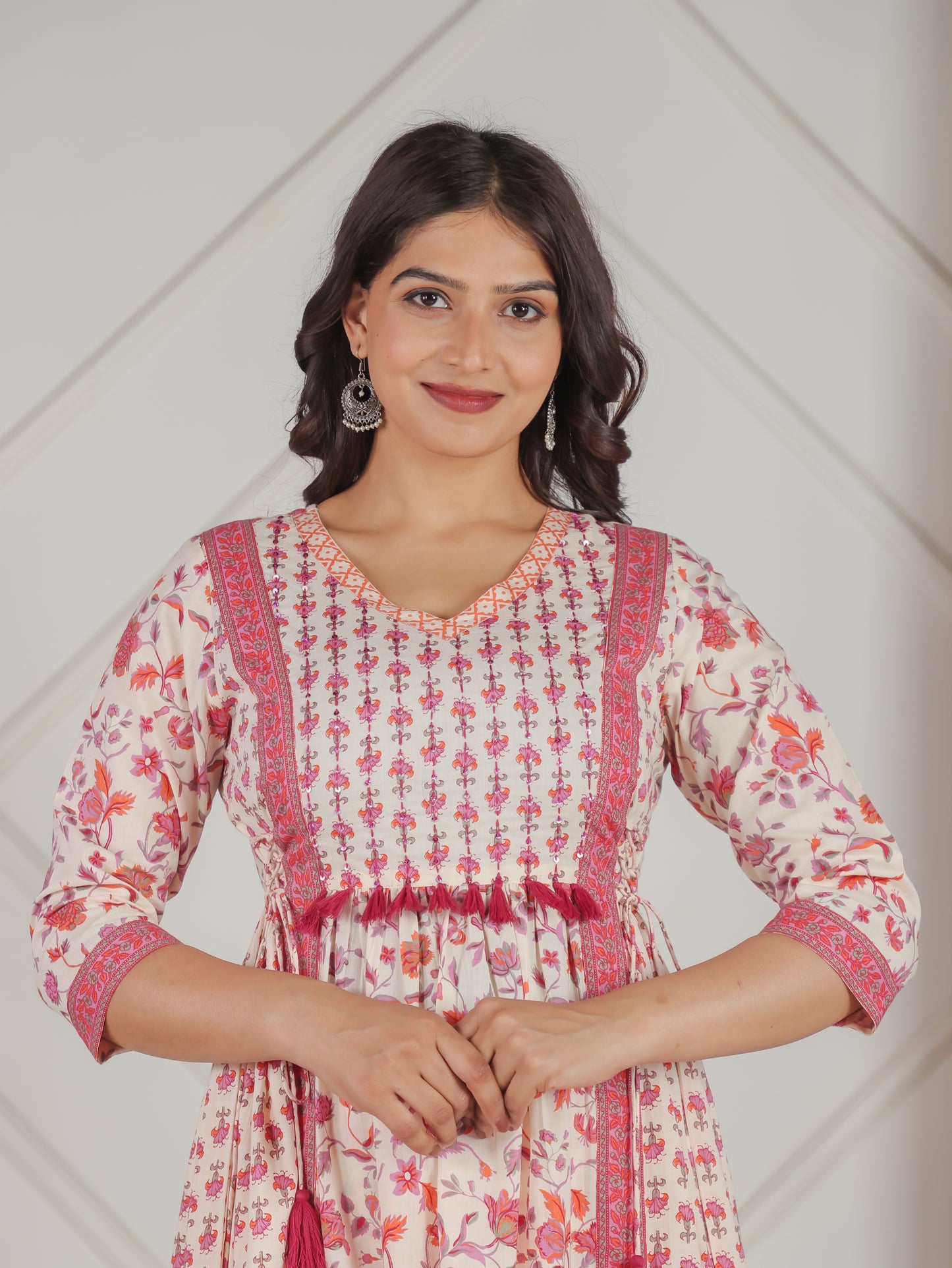 Embroidered Soft Cotton Floral Kalidar Off White Kurta