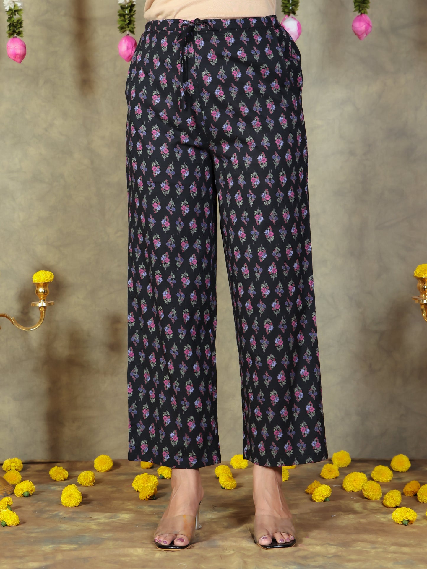 Soft Cotton Floral Black Straight Trousers