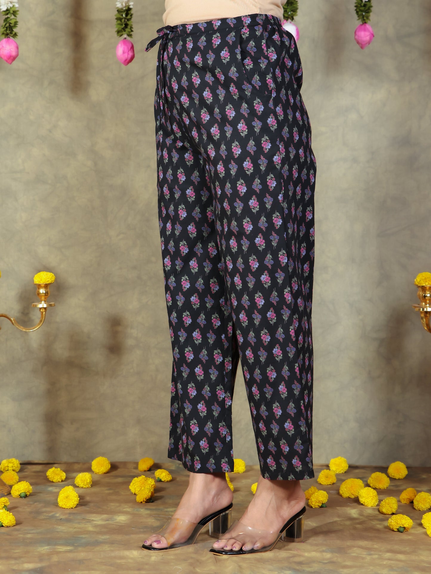 Soft Cotton Floral Black Straight Trousers