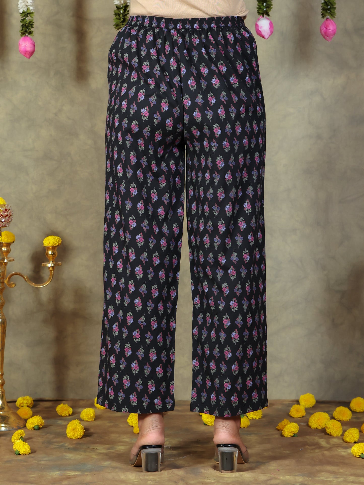 Soft Cotton Floral Black Straight Trousers