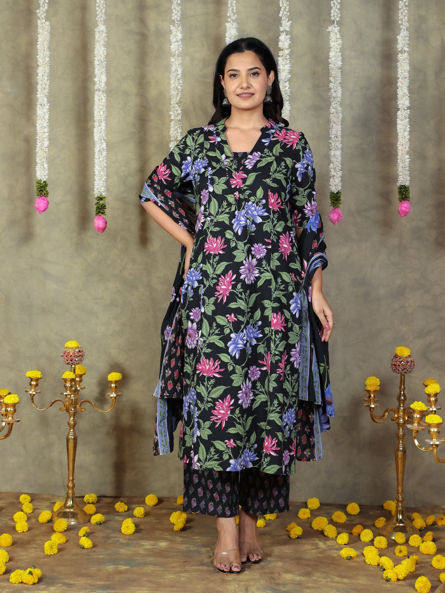 Cotton Voile Floral Black Dupatta