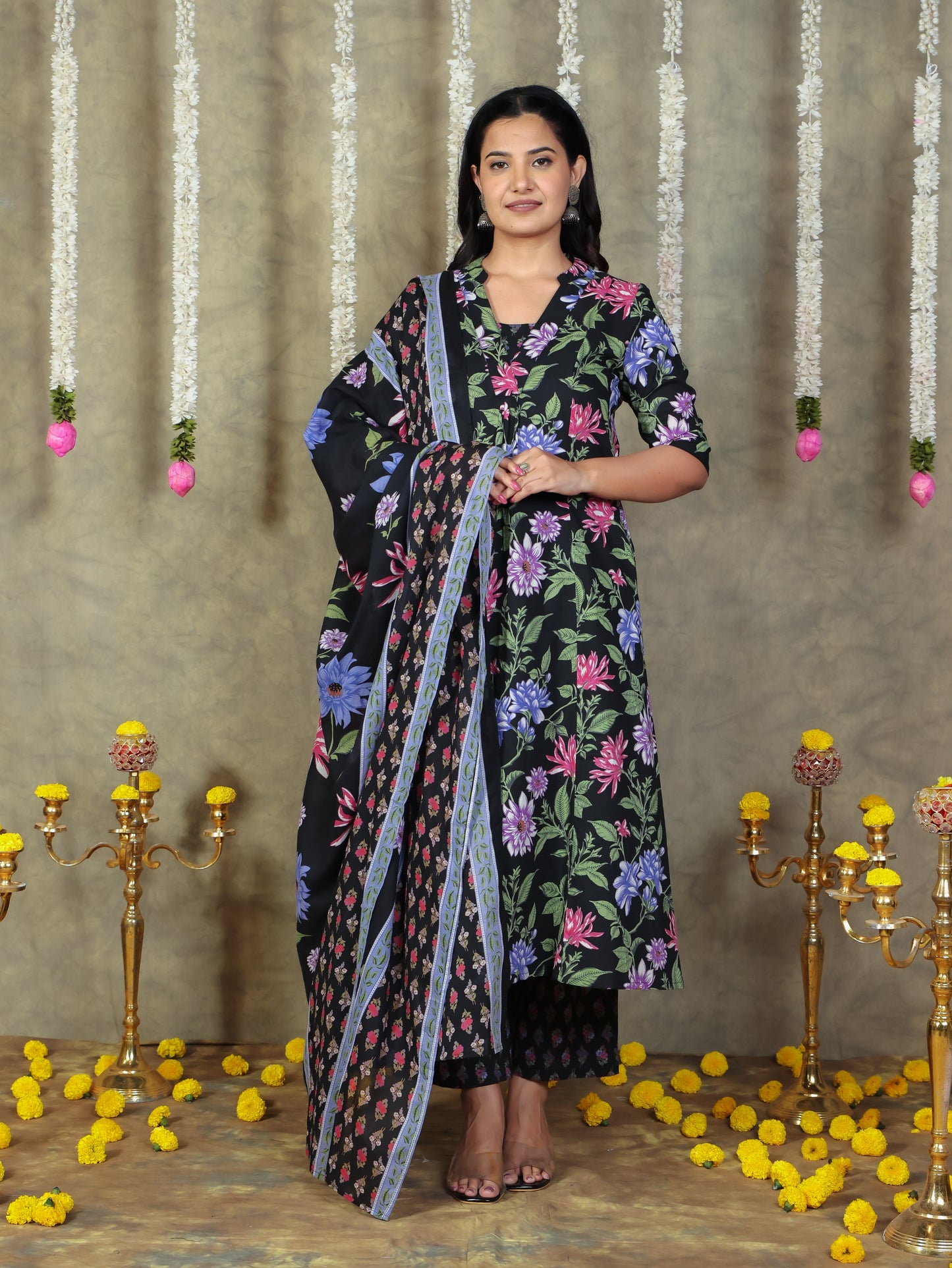 Cotton Voile Floral Black Dupatta