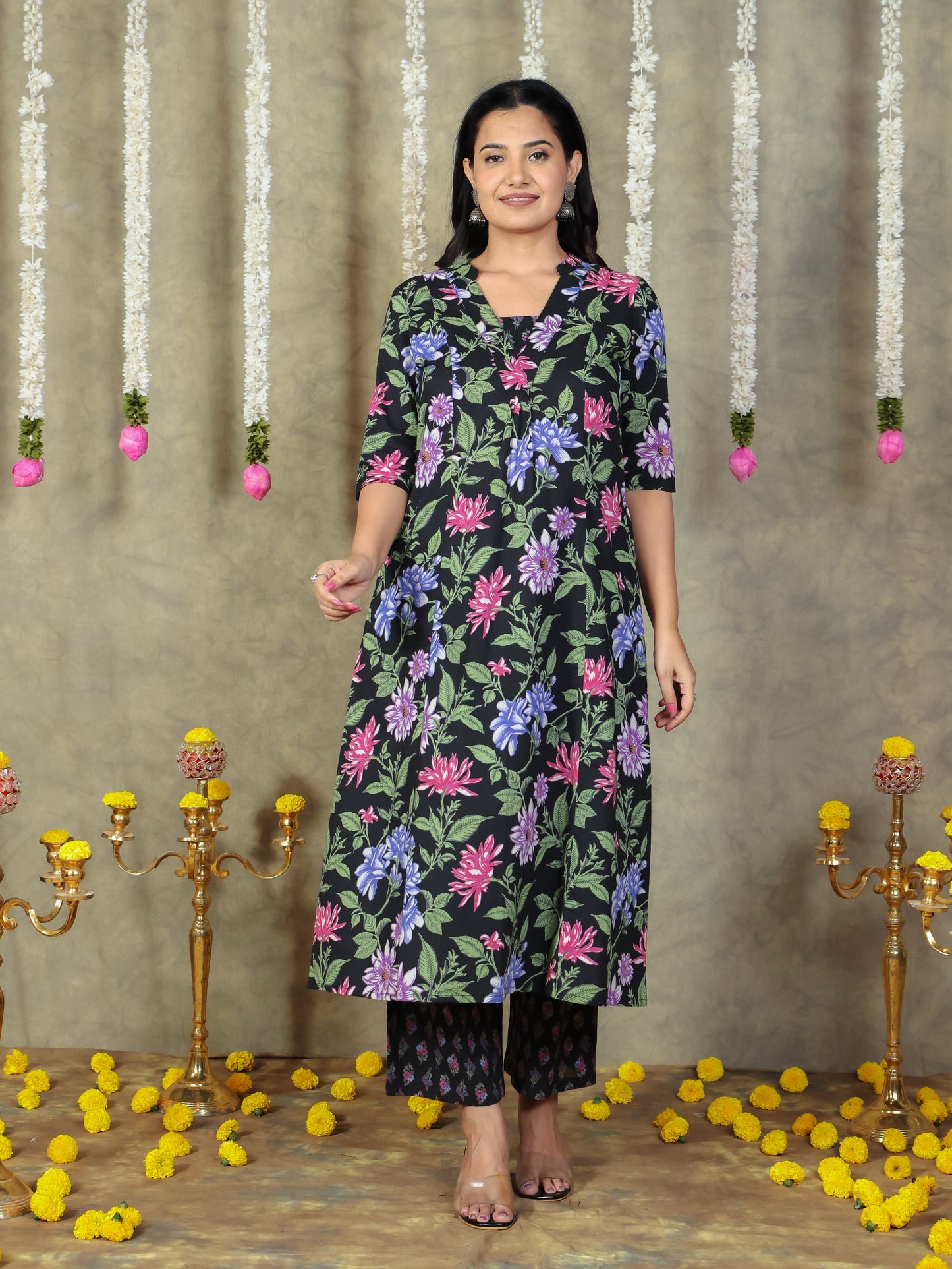 Soft Cotton Floral Flared Black Kurta