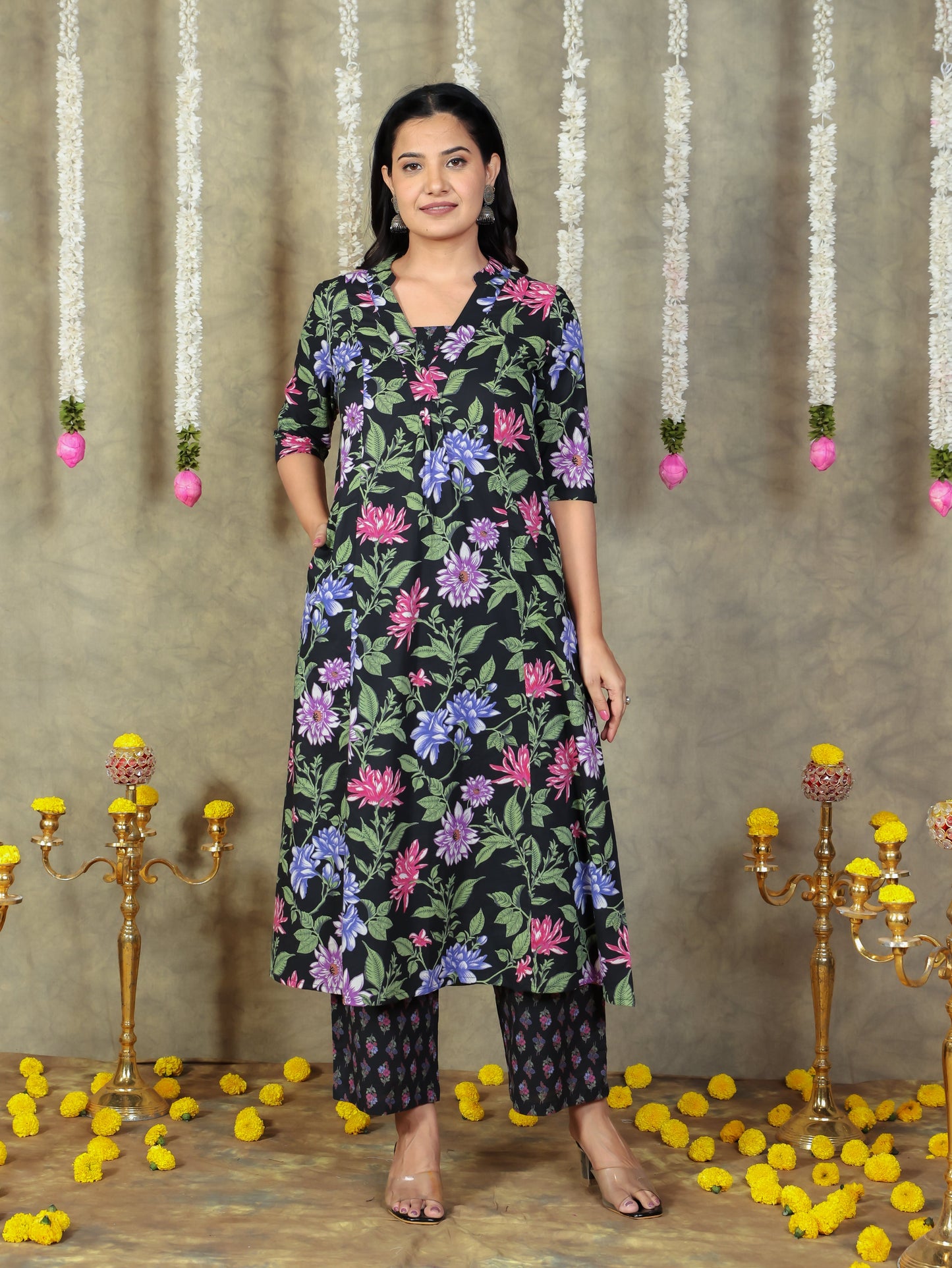 Soft Cotton Floral Flared Black Kurta