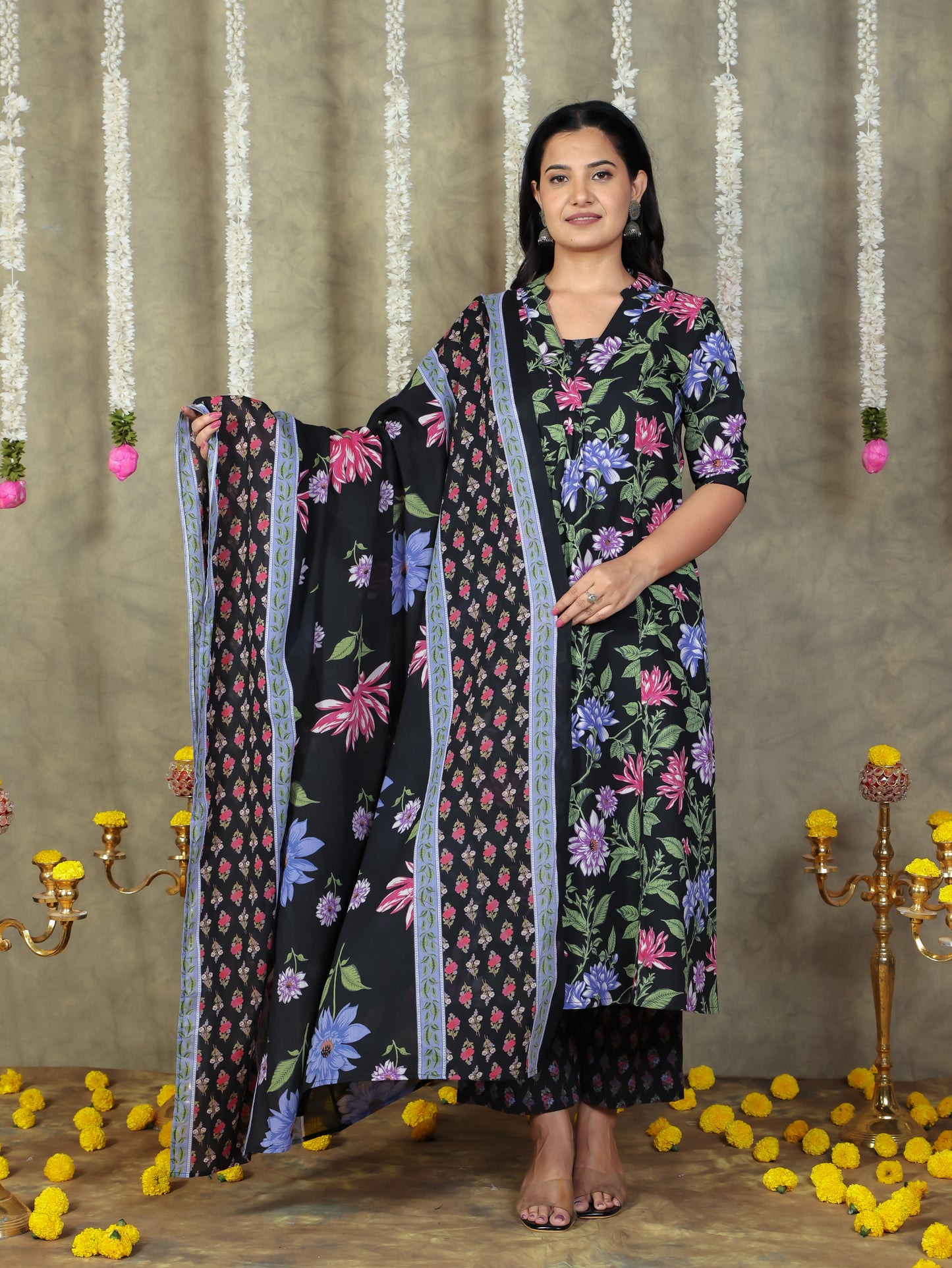 Soft Cotton Floral Flared Black Kurta