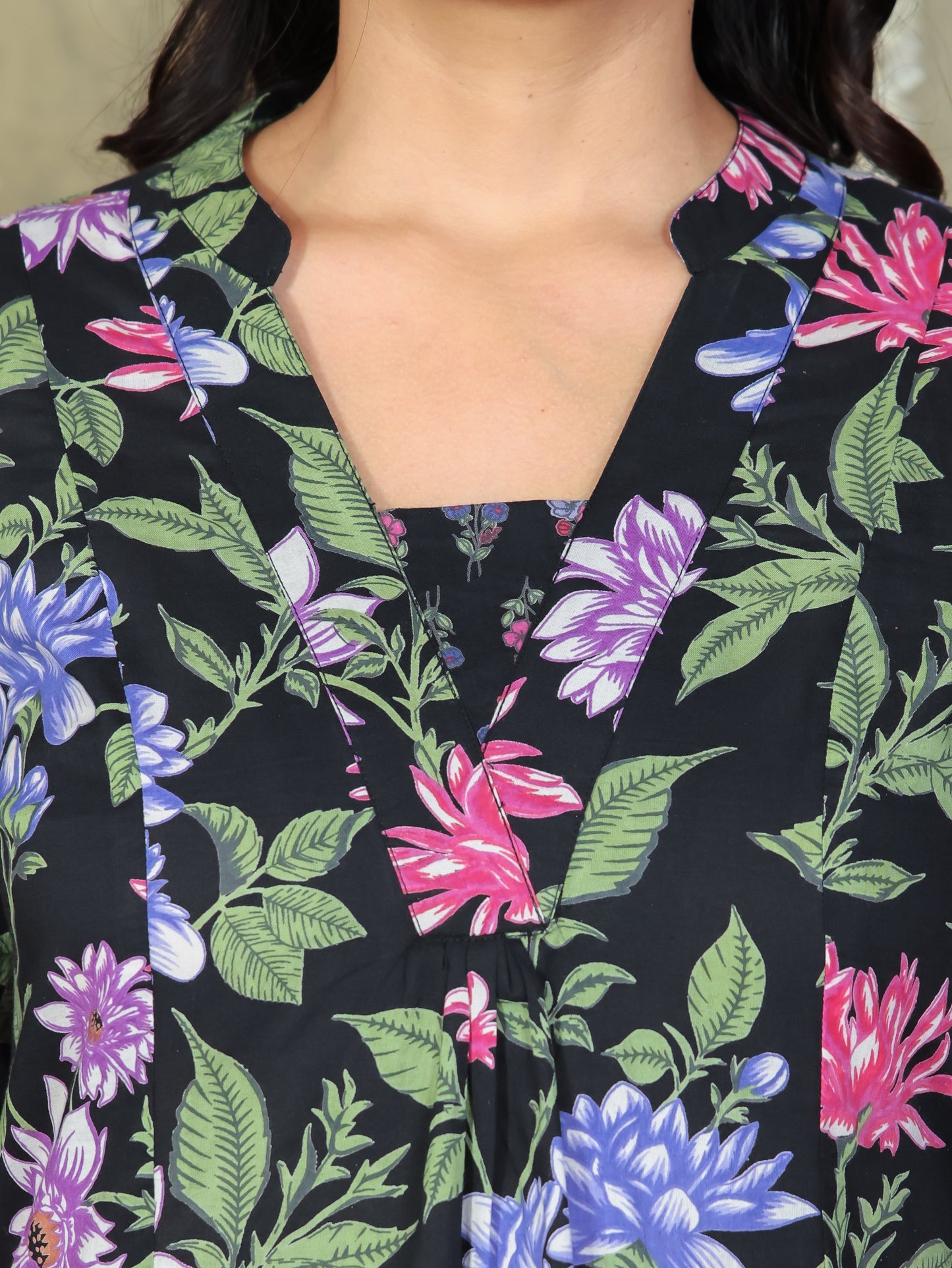Soft Cotton Floral Flared Black Kurta