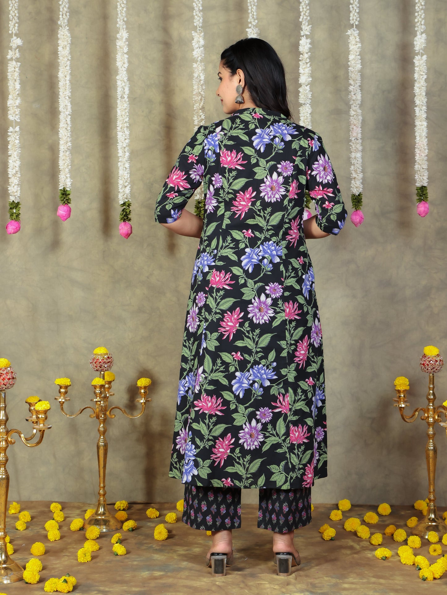Soft Cotton Floral Flared Black Kurta