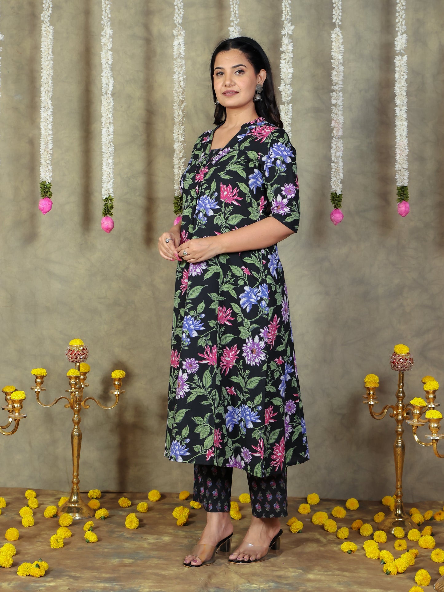 Soft Cotton Floral Flared Black Kurta