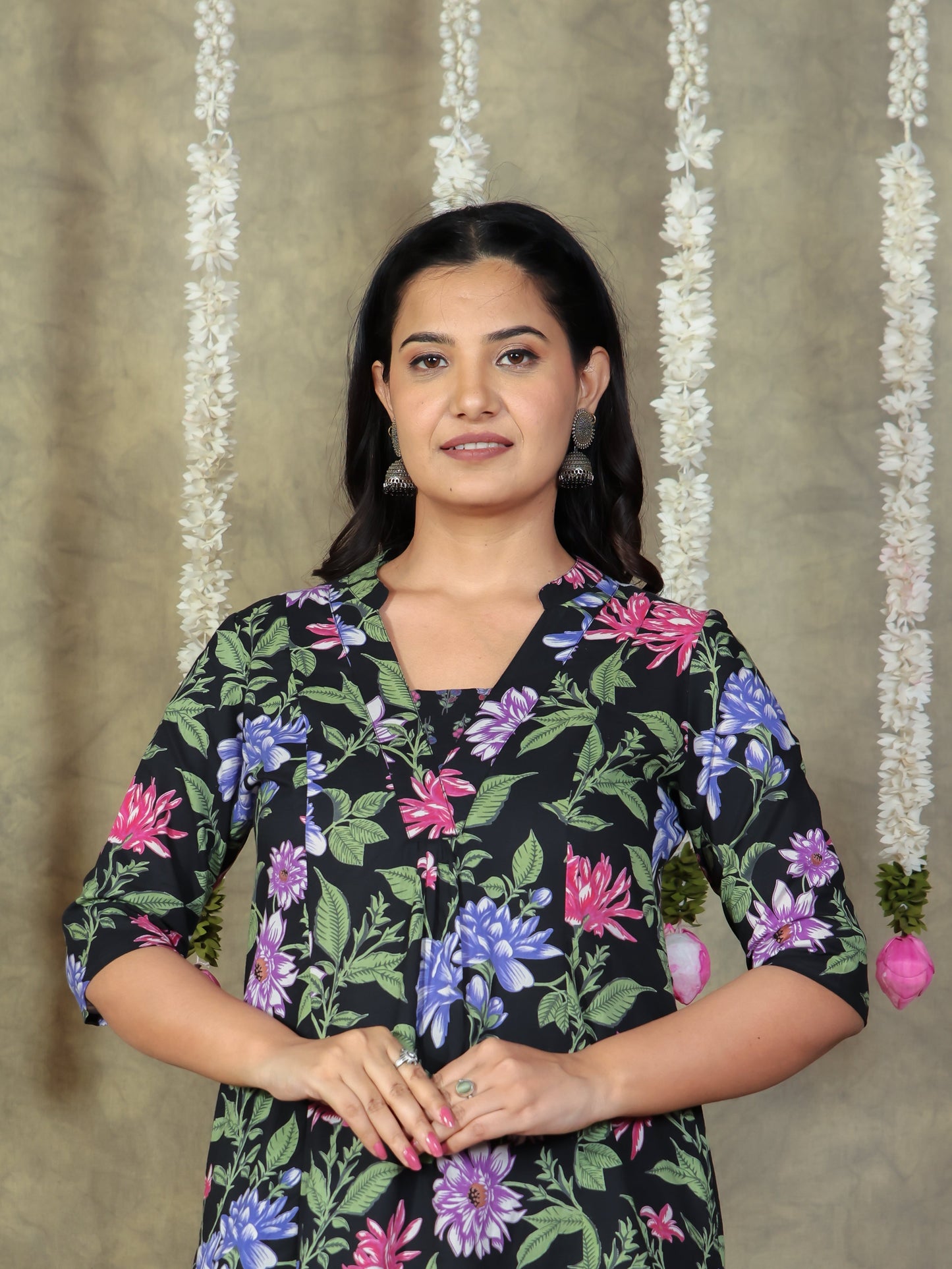 Soft Cotton Floral Flared Black Kurta