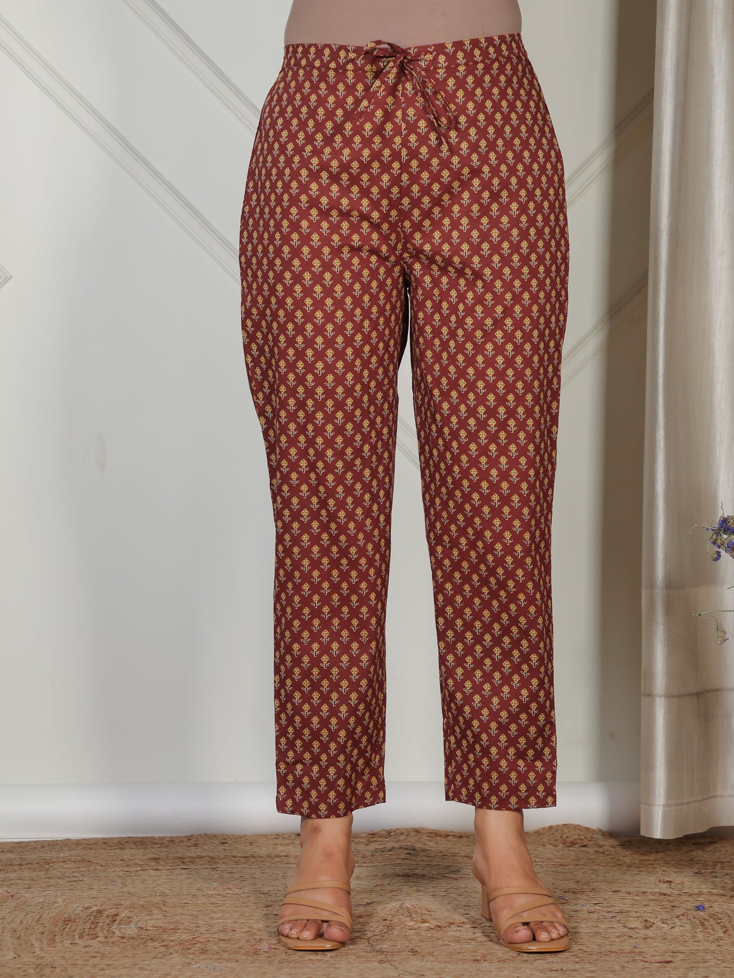 Soft Cotton Butti Rust Tapered Trousers