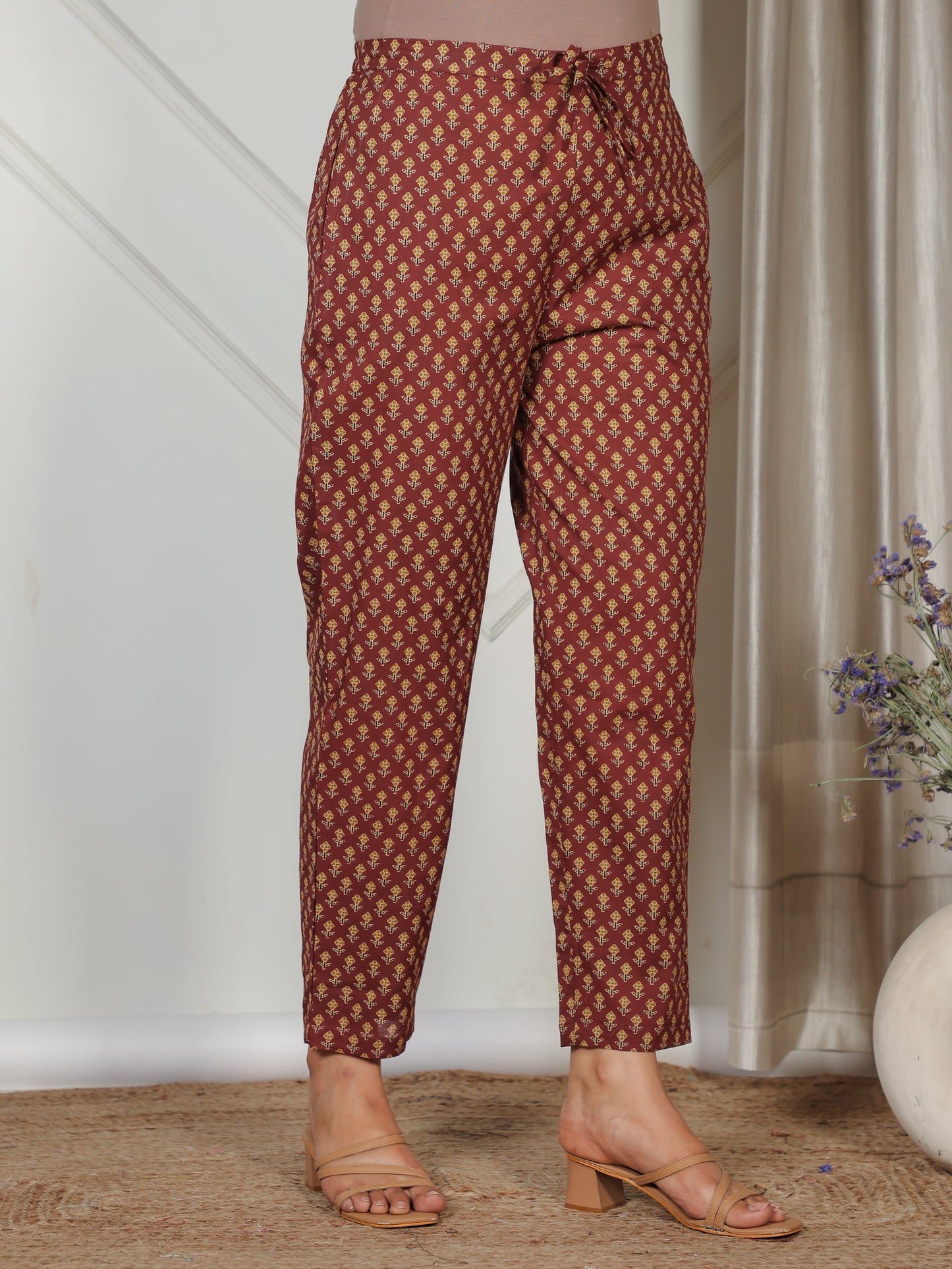 Soft Cotton Butti Rust Tapered Trousers