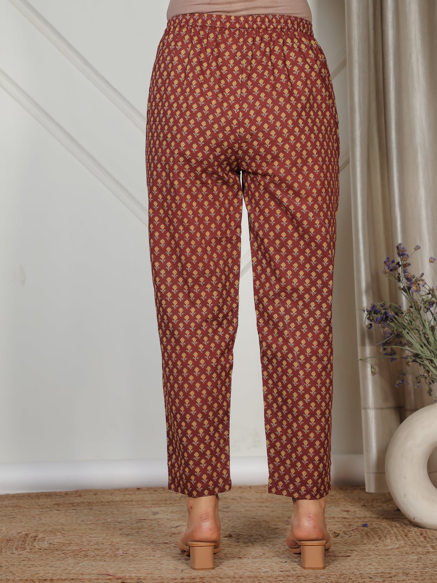 Soft Cotton Butti Rust Tapered Trousers