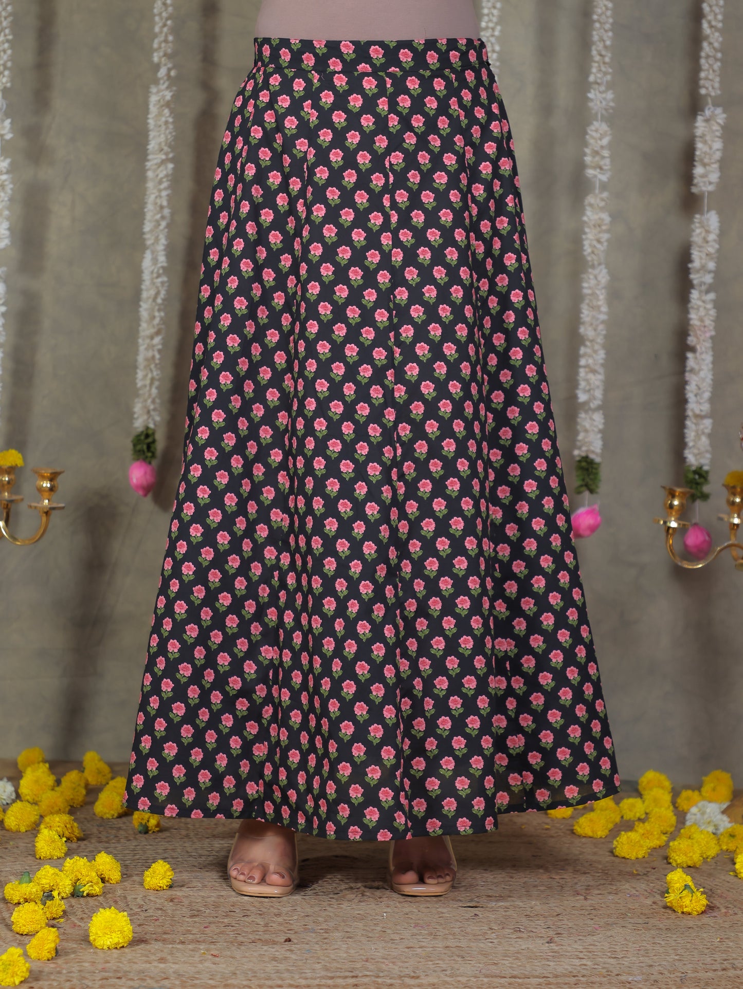 Soft Cotton Floral Black Skirt
