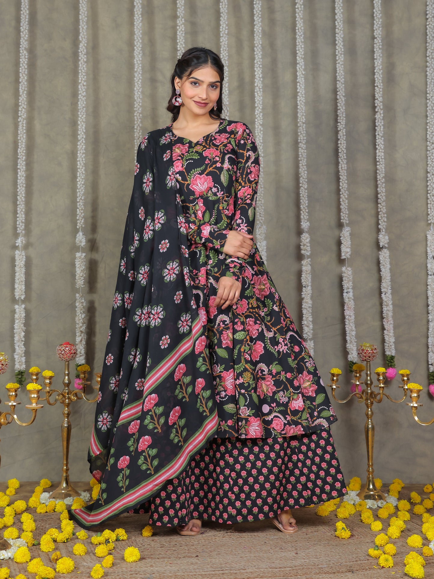Cotton Voile Floral Black Dupatta