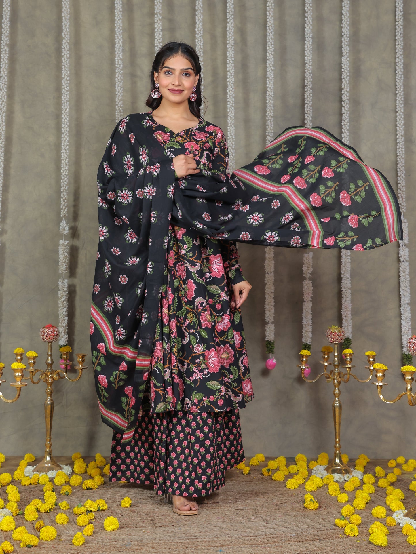 Cotton Voile Floral Black Dupatta