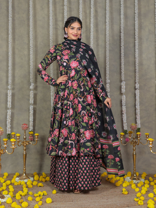Soft Cotton Floral Anarkali Black Kurta
