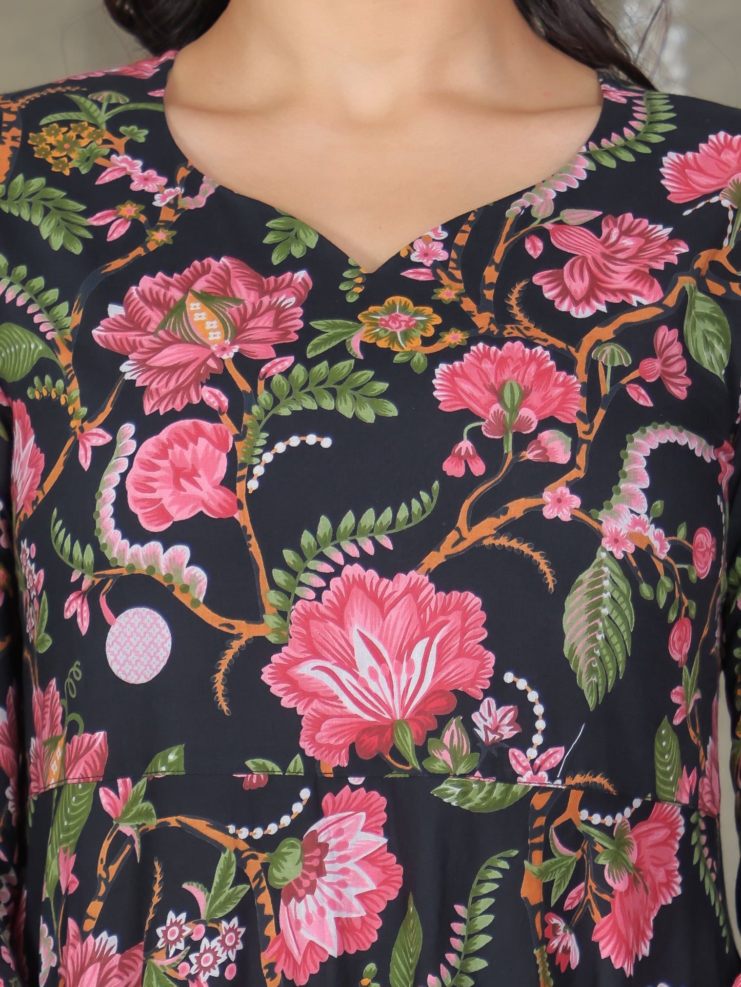 Soft Cotton Floral Anarkali Black Kurta