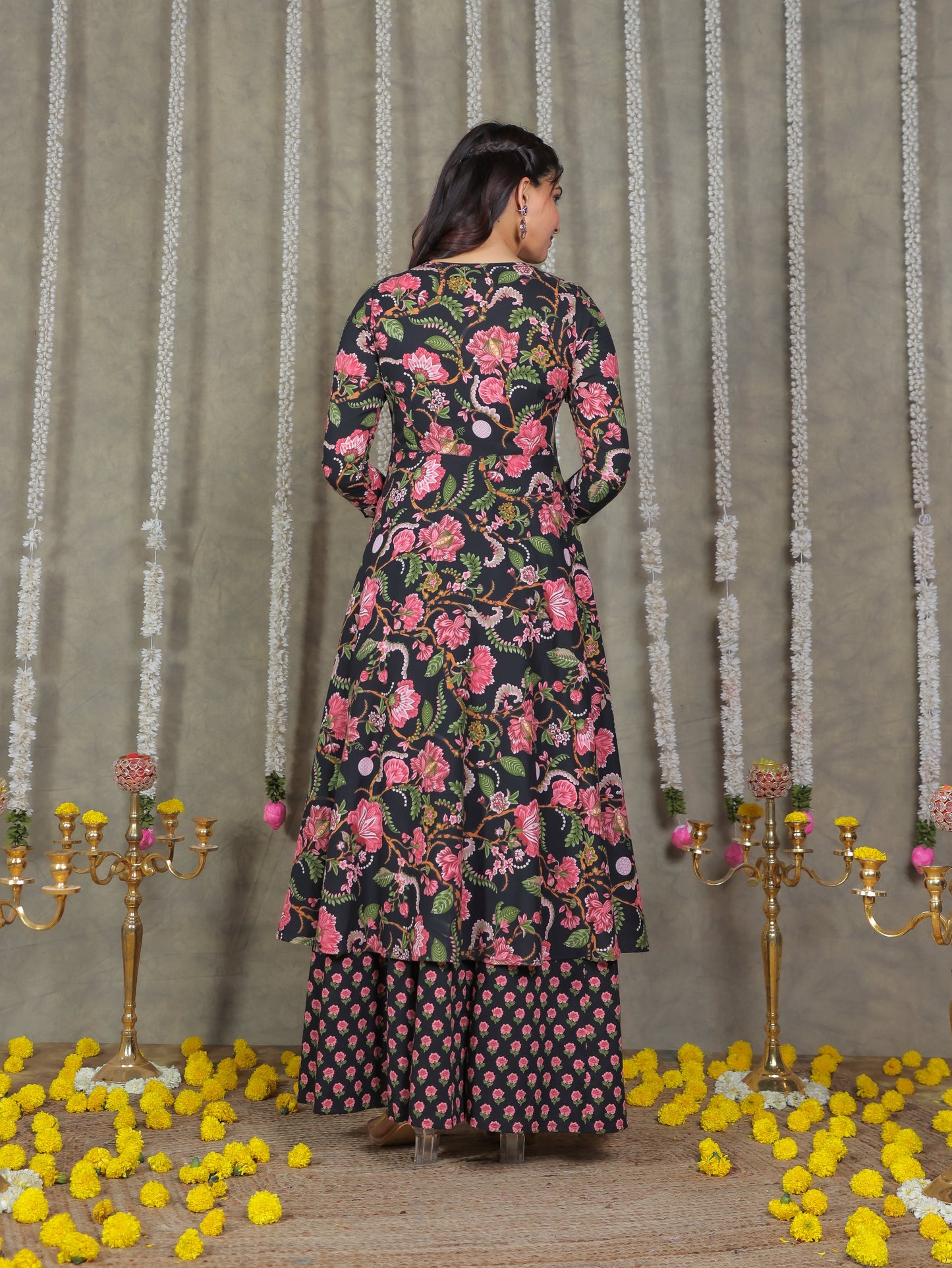Soft Cotton Floral Anarkali Black Kurta