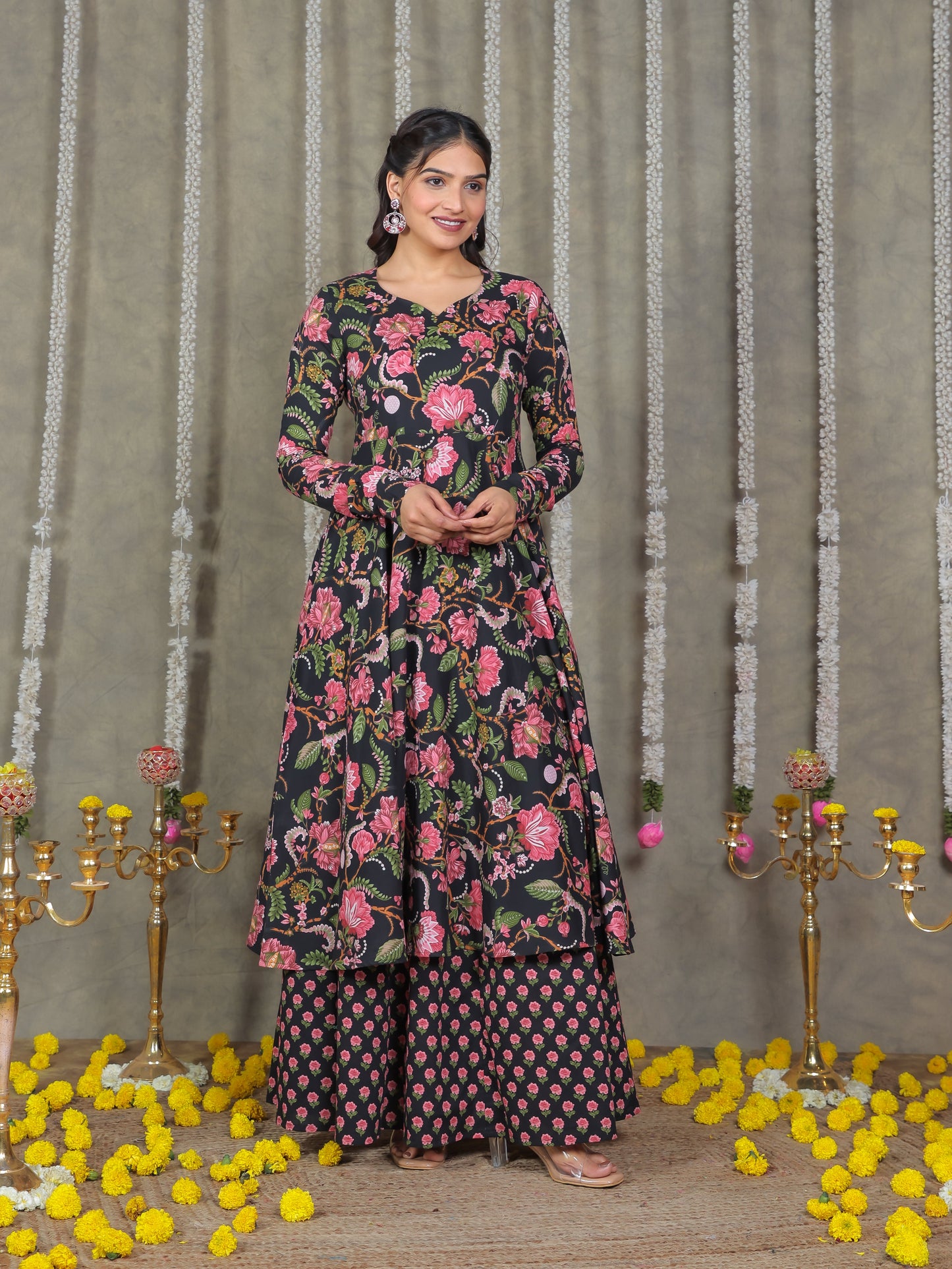Soft Cotton Floral Anarkali Black Kurta