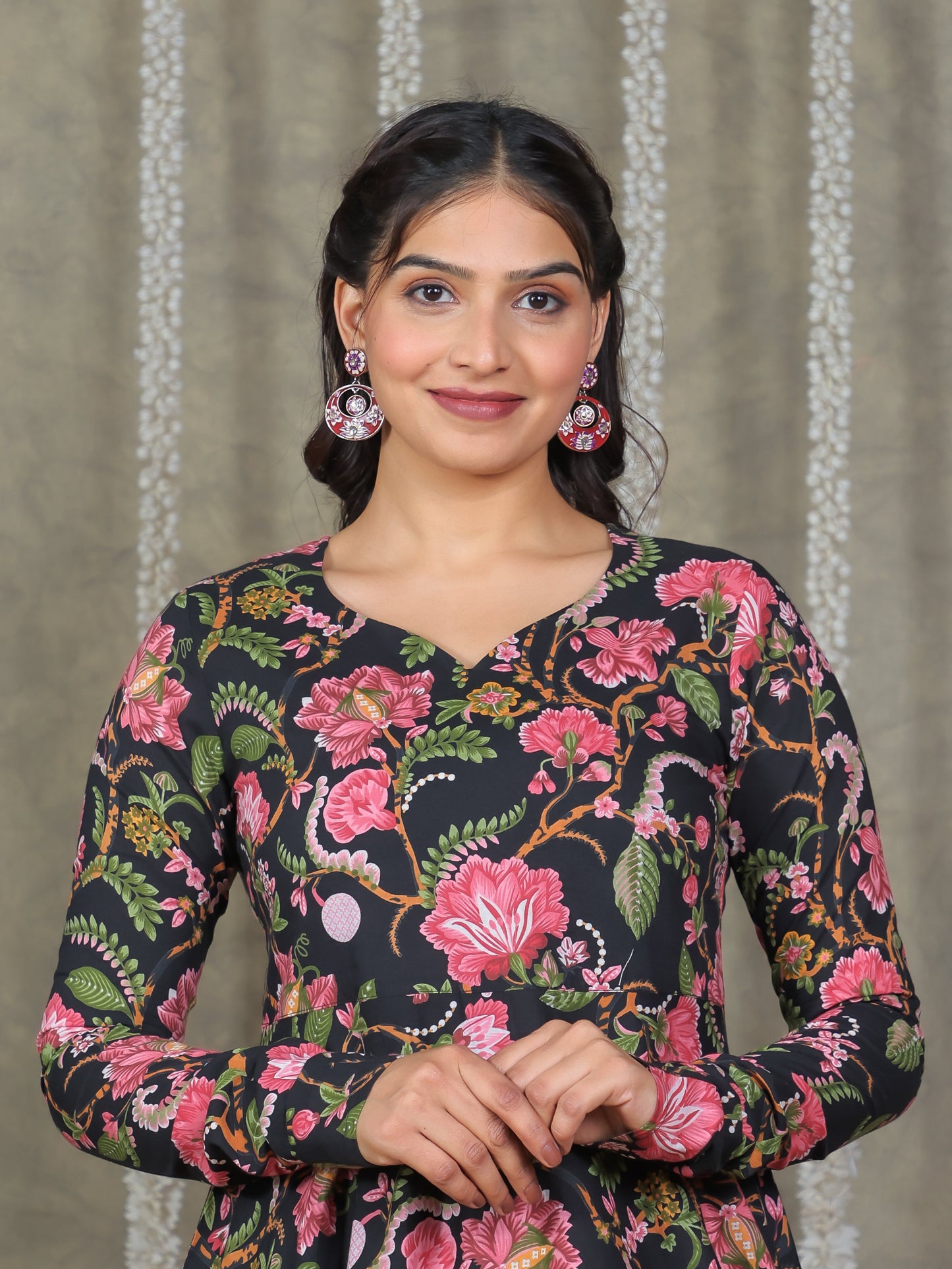 Soft Cotton Floral Anarkali Black Kurta