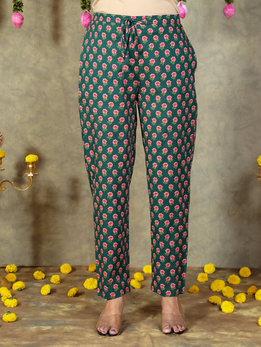Soft Cotton Floral Green Tapered Trousers