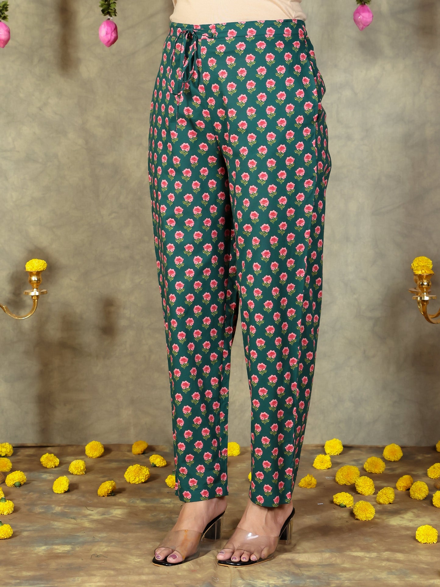 Soft Cotton Floral Green Tapered Trousers