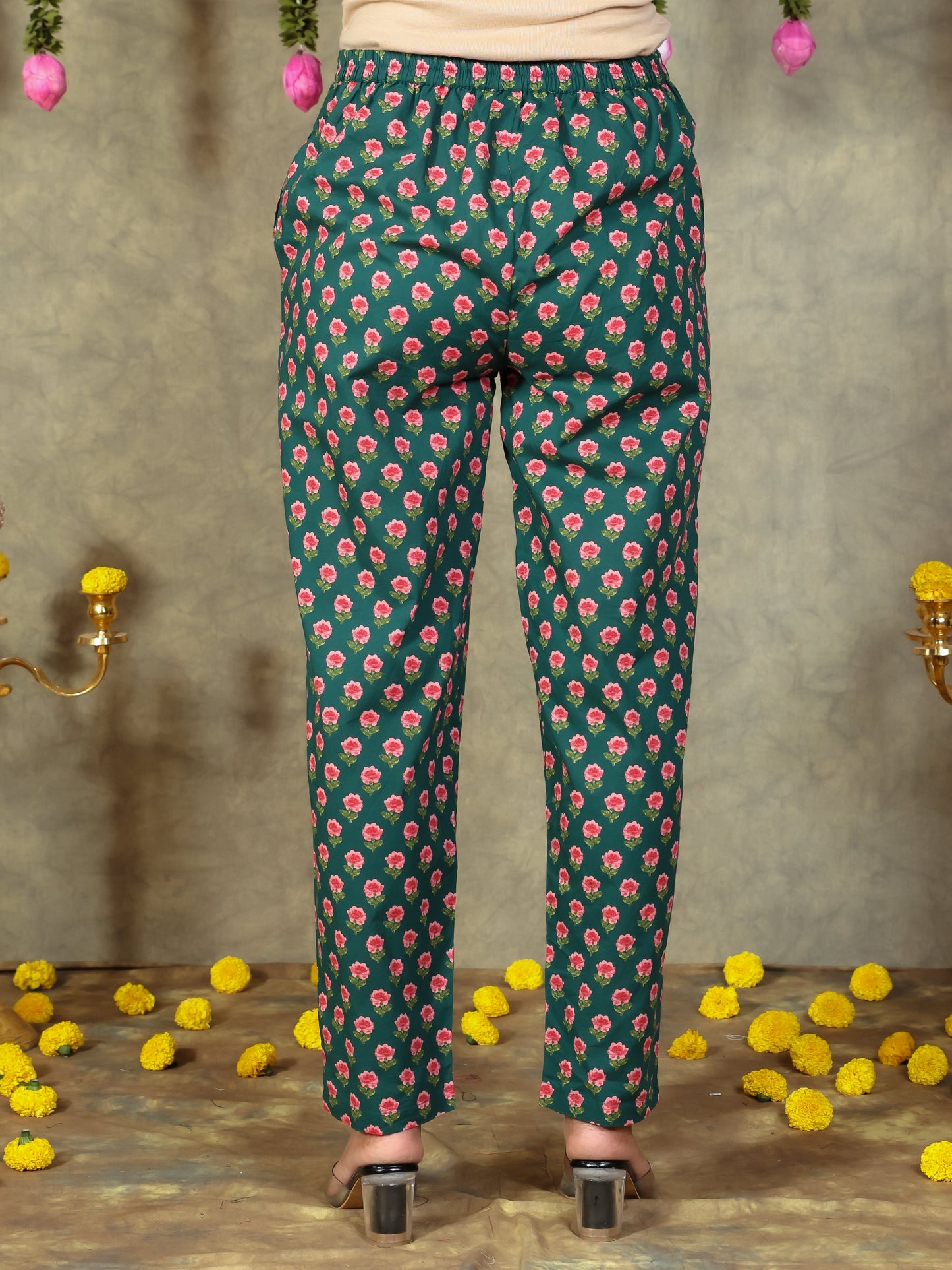 Soft Cotton Floral Green Tapered Trousers