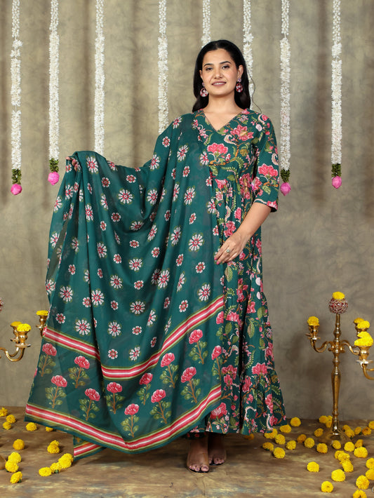 Cotton Voile Floral Green Dupatta