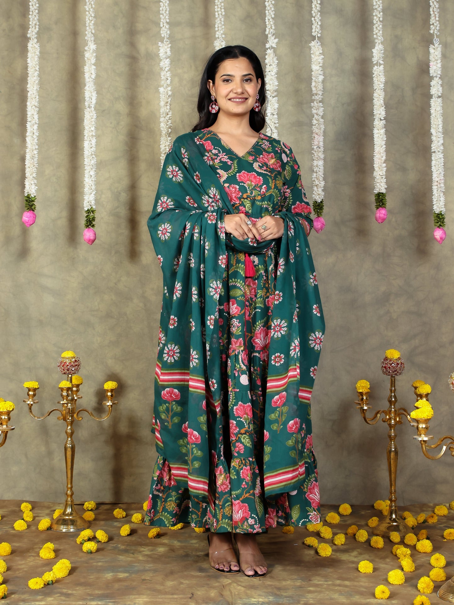 Soft Cotton Floral A-line Green Kurta